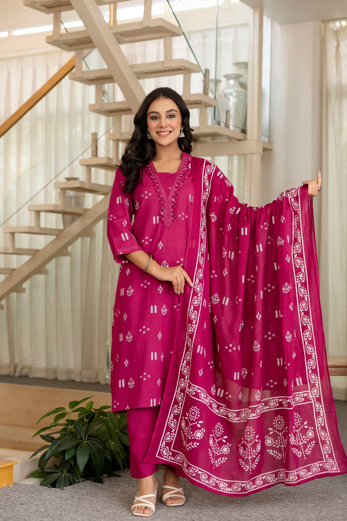 Poshart Cotton Kurta Pant Duptta Set.