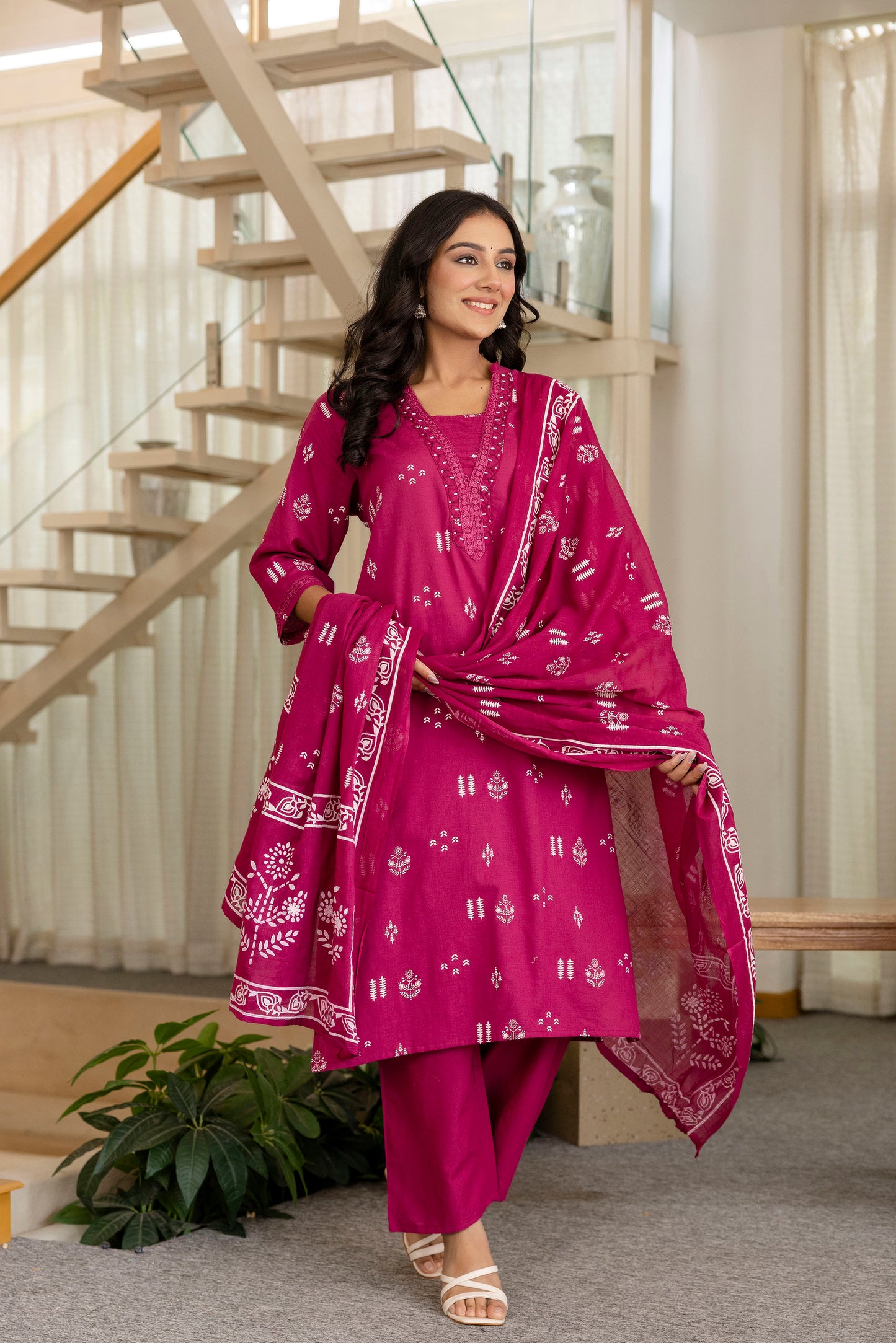 Poshart Cotton Kurta Pant Duptta Set.