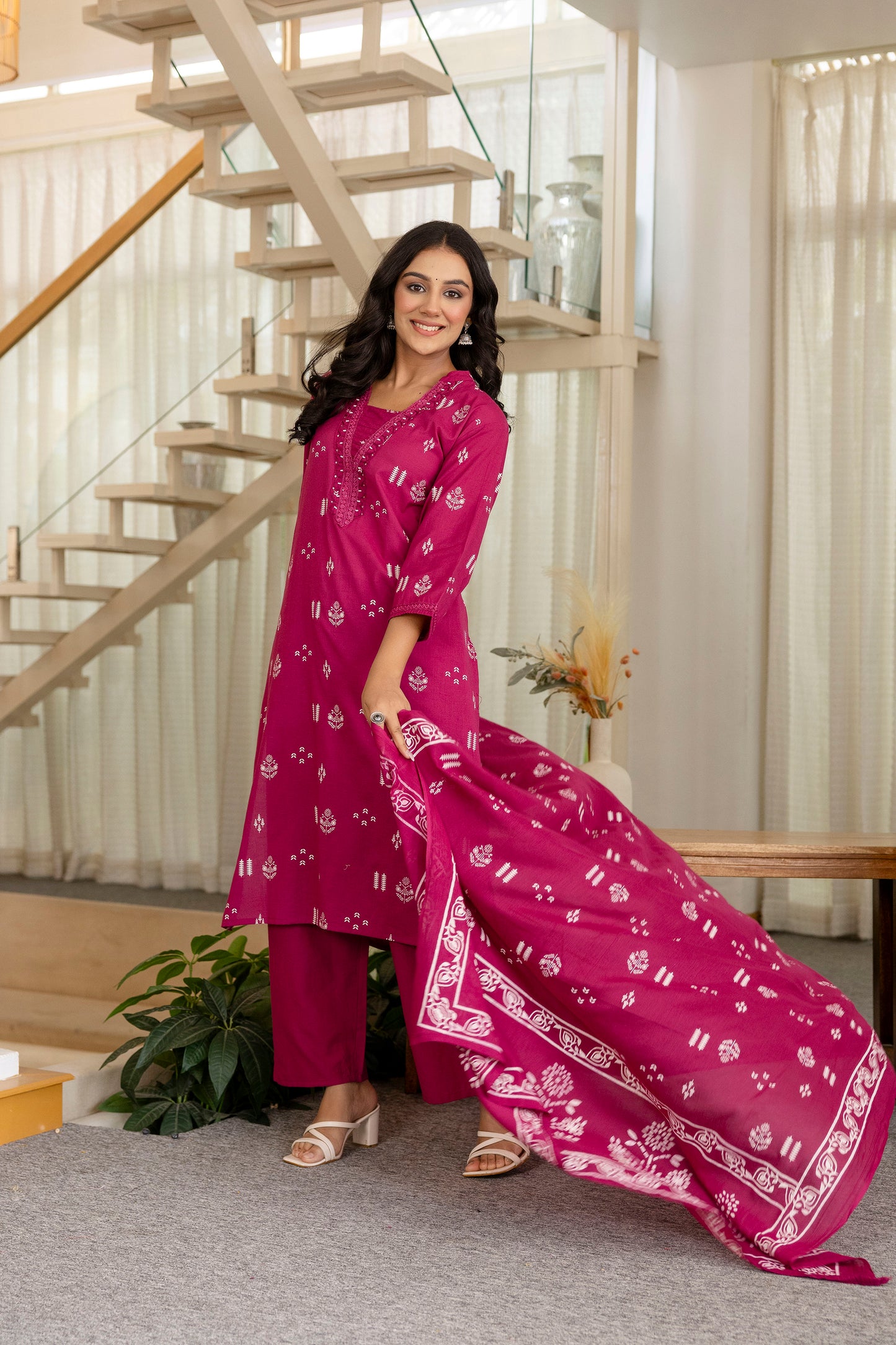 Poshart Cotton Kurta Pant Duptta Set.