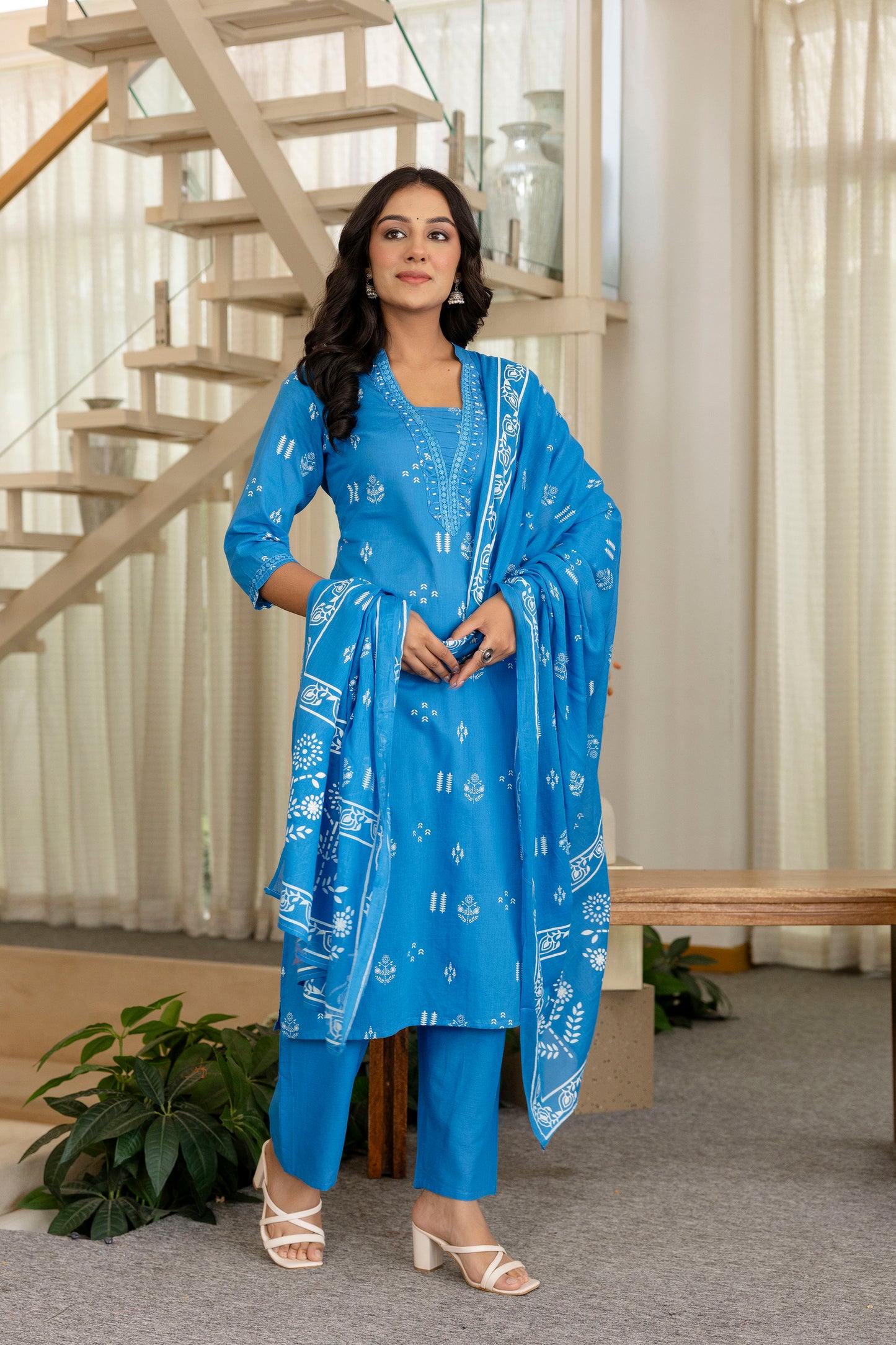 Poshart Cotton Kurta Pant Duptta Set.