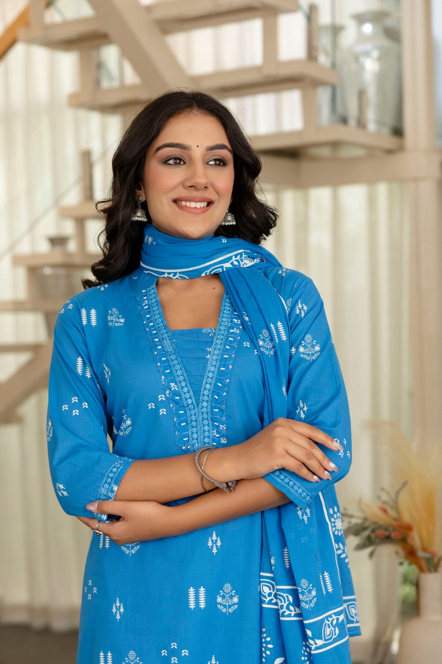 Poshart Cotton Kurta Pant Duptta Set.