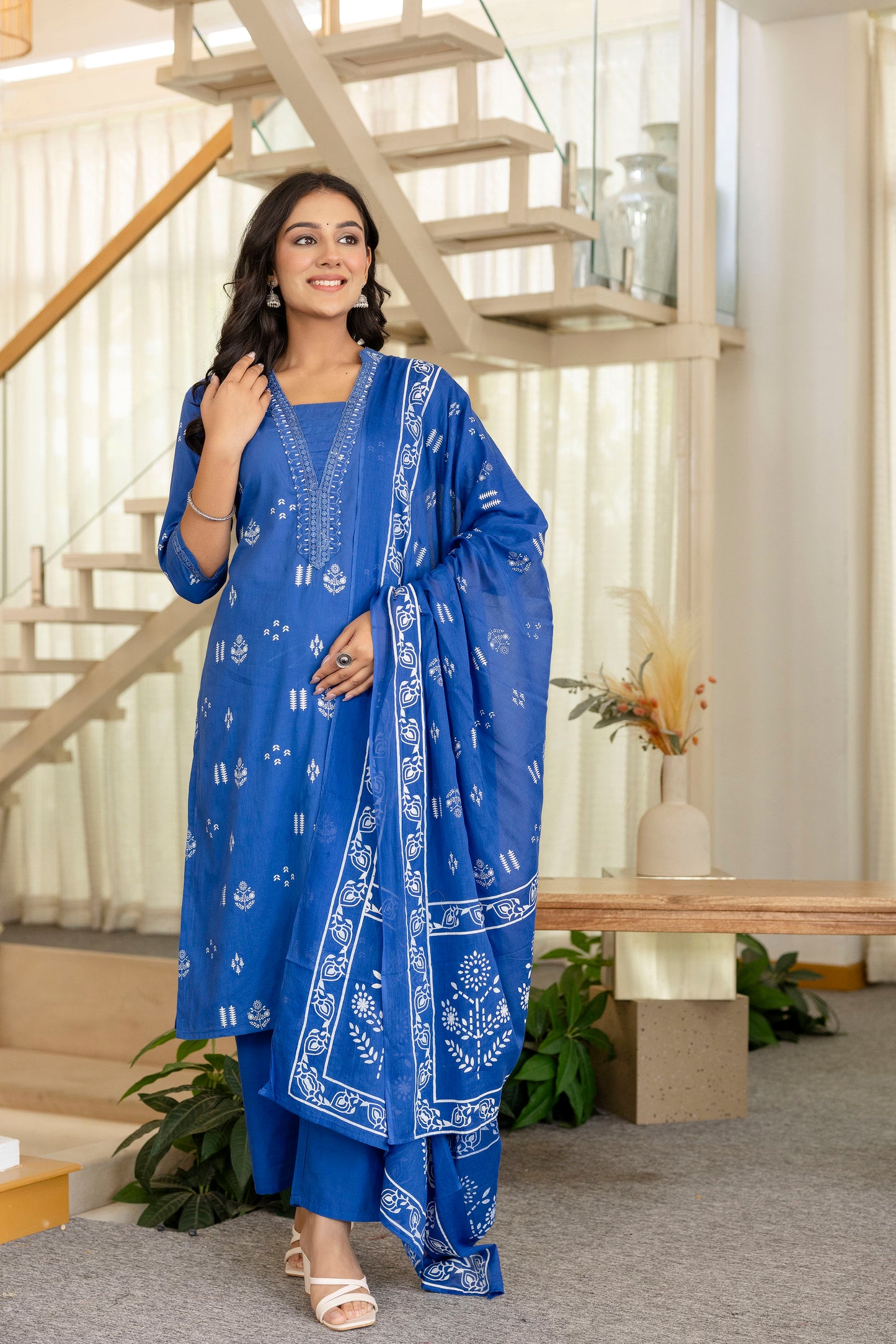 Poshart Cotton Kurta Pant Duptta Set.
