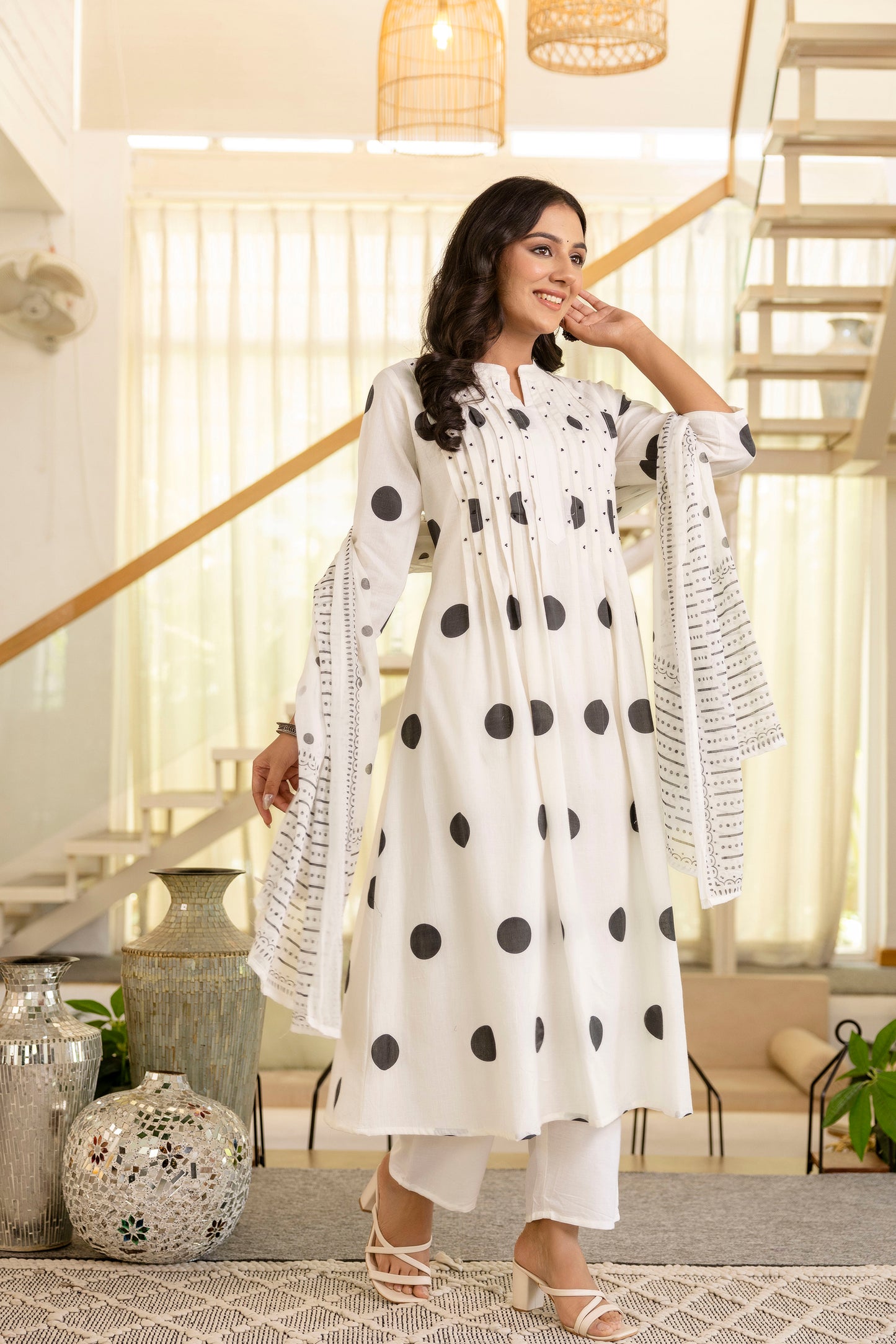 Poshart White Polka Kurta Pant Duptta Set.