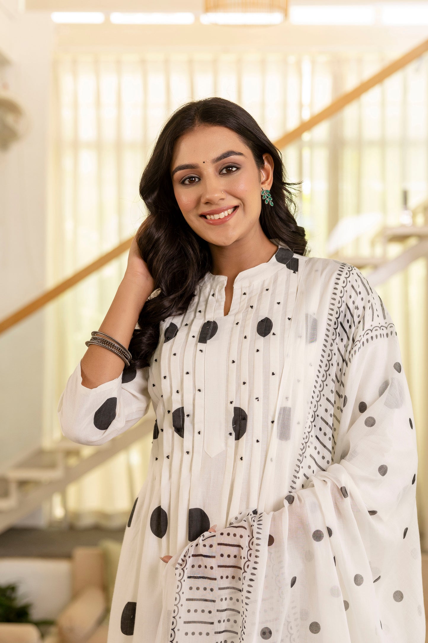 Poshart White Polka Kurta Pant Duptta Set.
