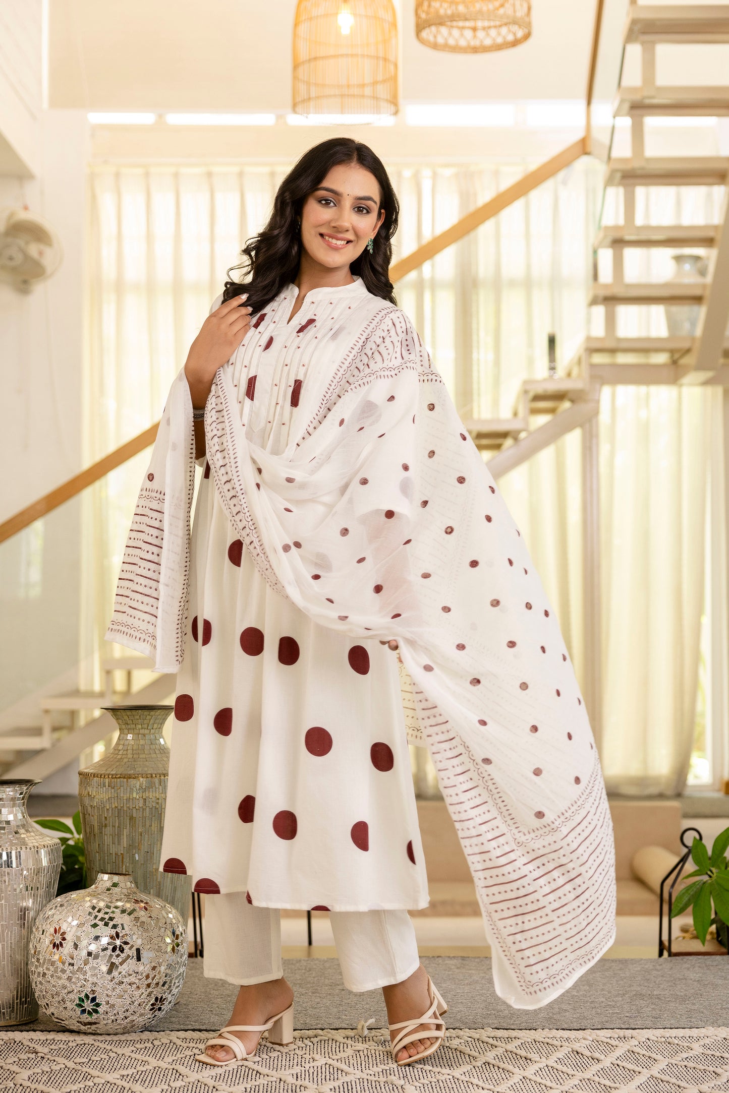 Poshart White Polka Kurta Pant Duptta Set.