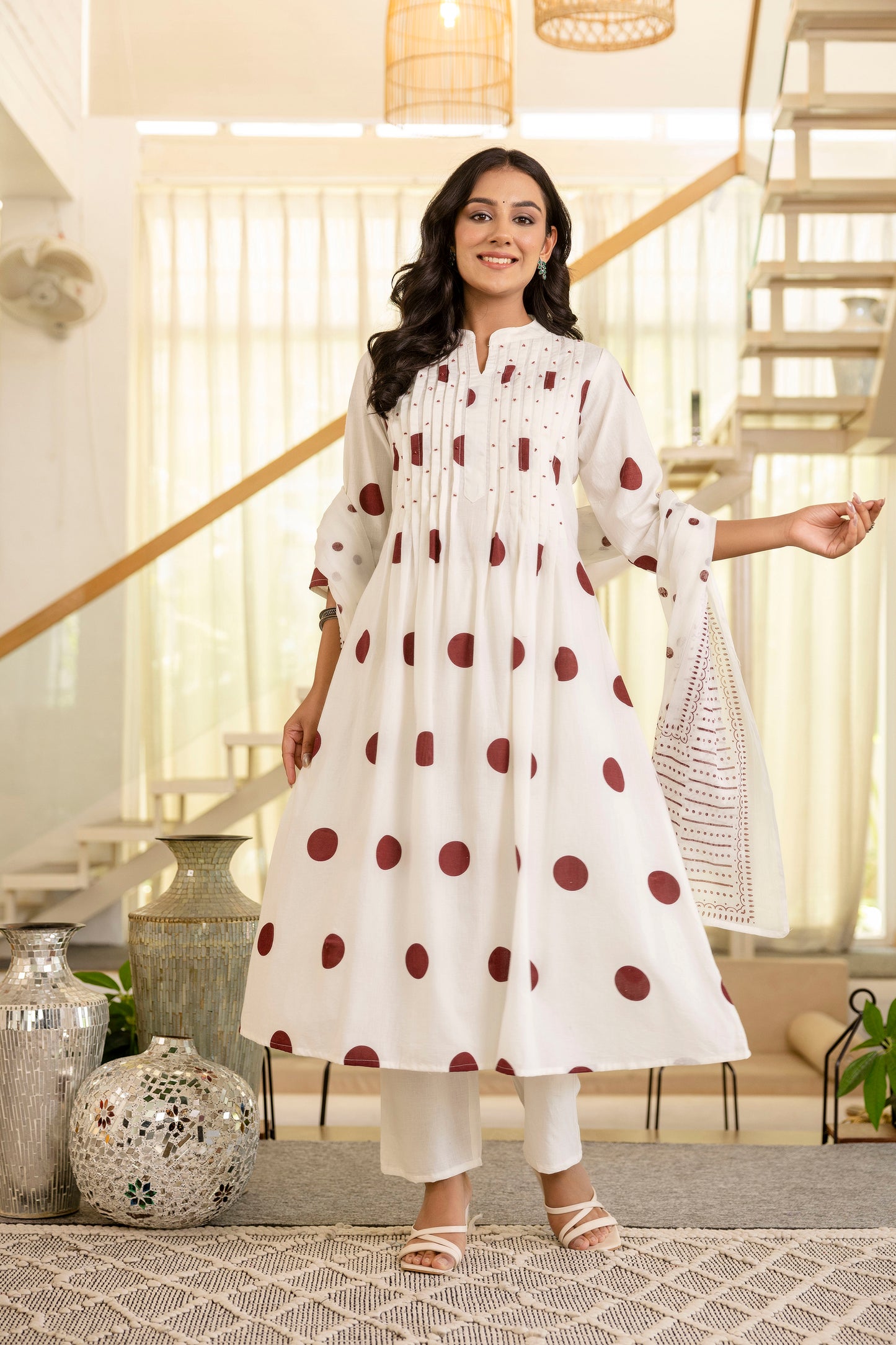 Poshart White Polka Kurta Pant Duptta Set.