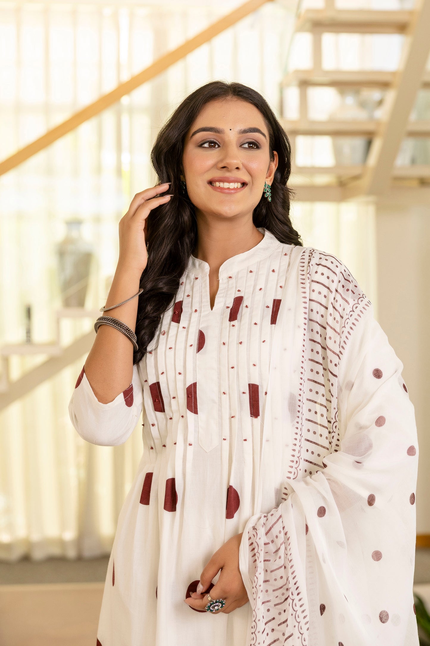Poshart White Polka Kurta Pant Duptta Set.