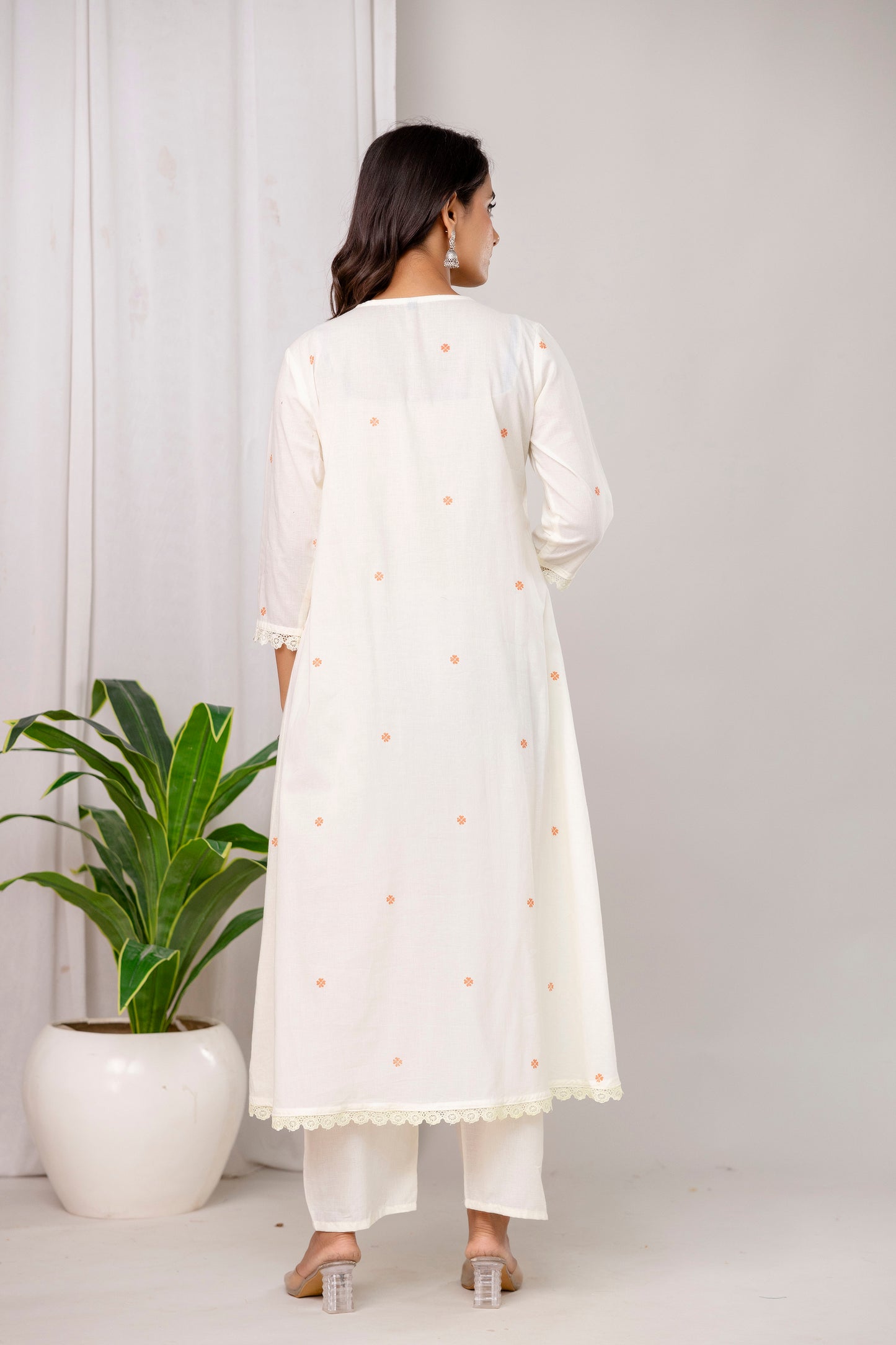 Poshart White Printed Cotton Kurta Pant duptta Set