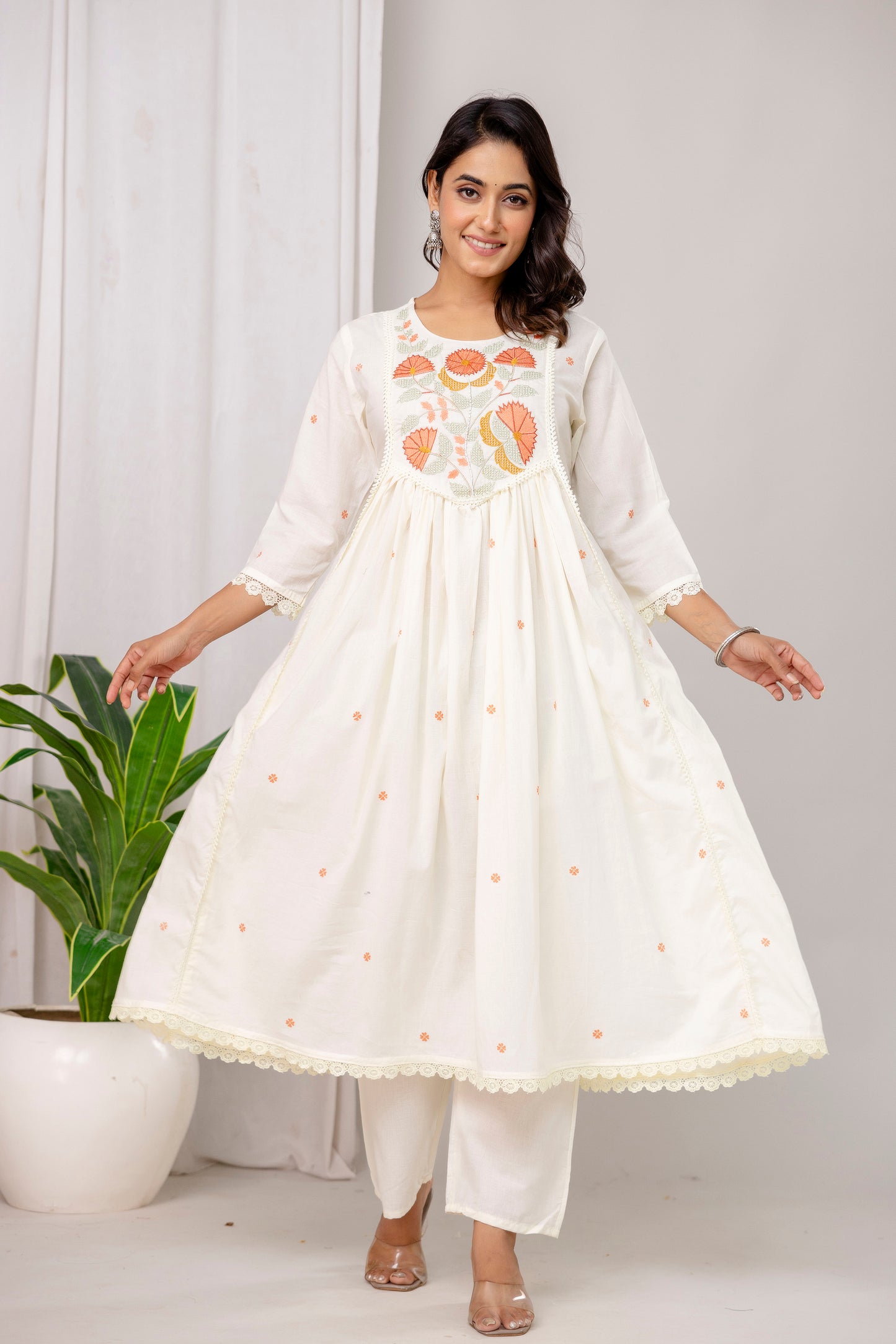 Poshart White Printed Cotton Kurta Pant duptta Set