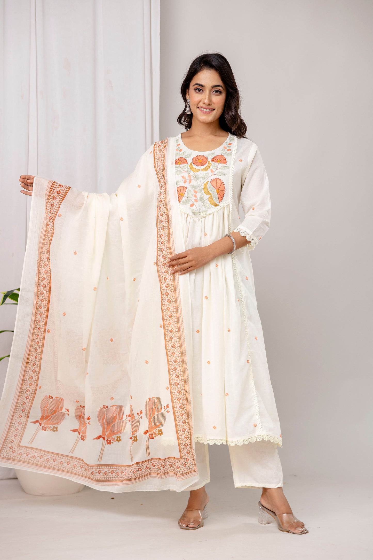 Poshart White Printed Cotton Kurta Pant duptta Set