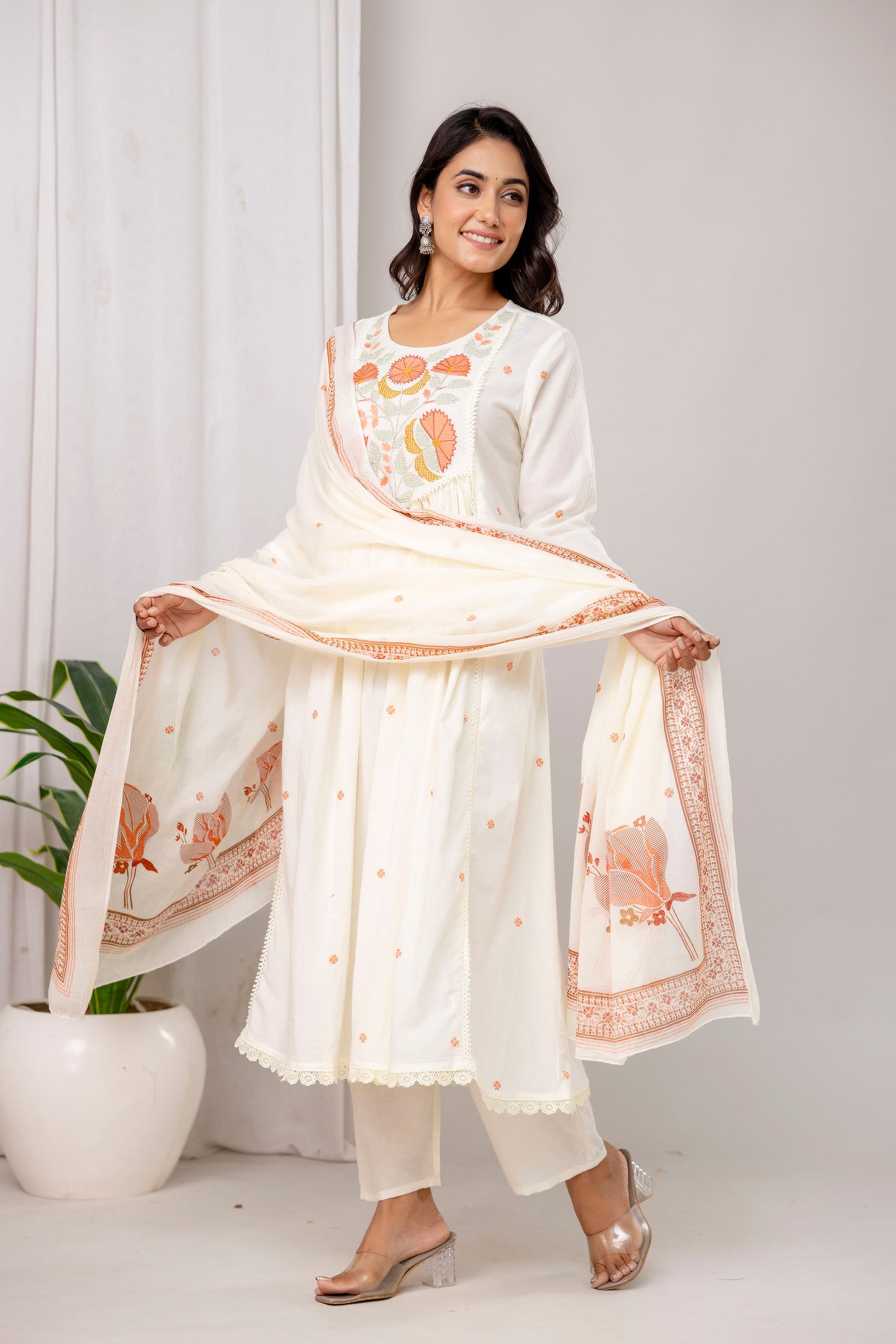 Poshart White Printed Cotton Kurta Pant duptta Set