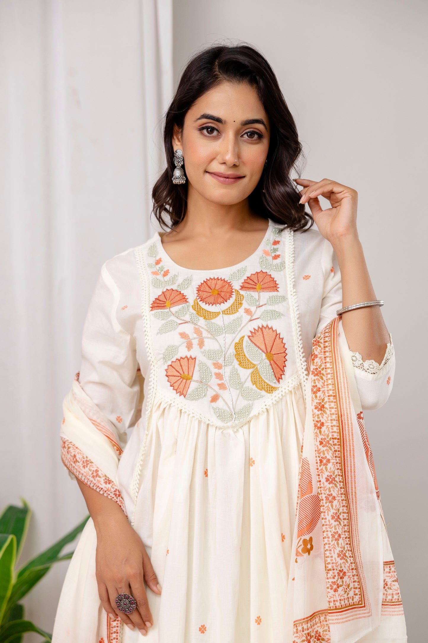Poshart White Printed Cotton Kurta Pant duptta Set