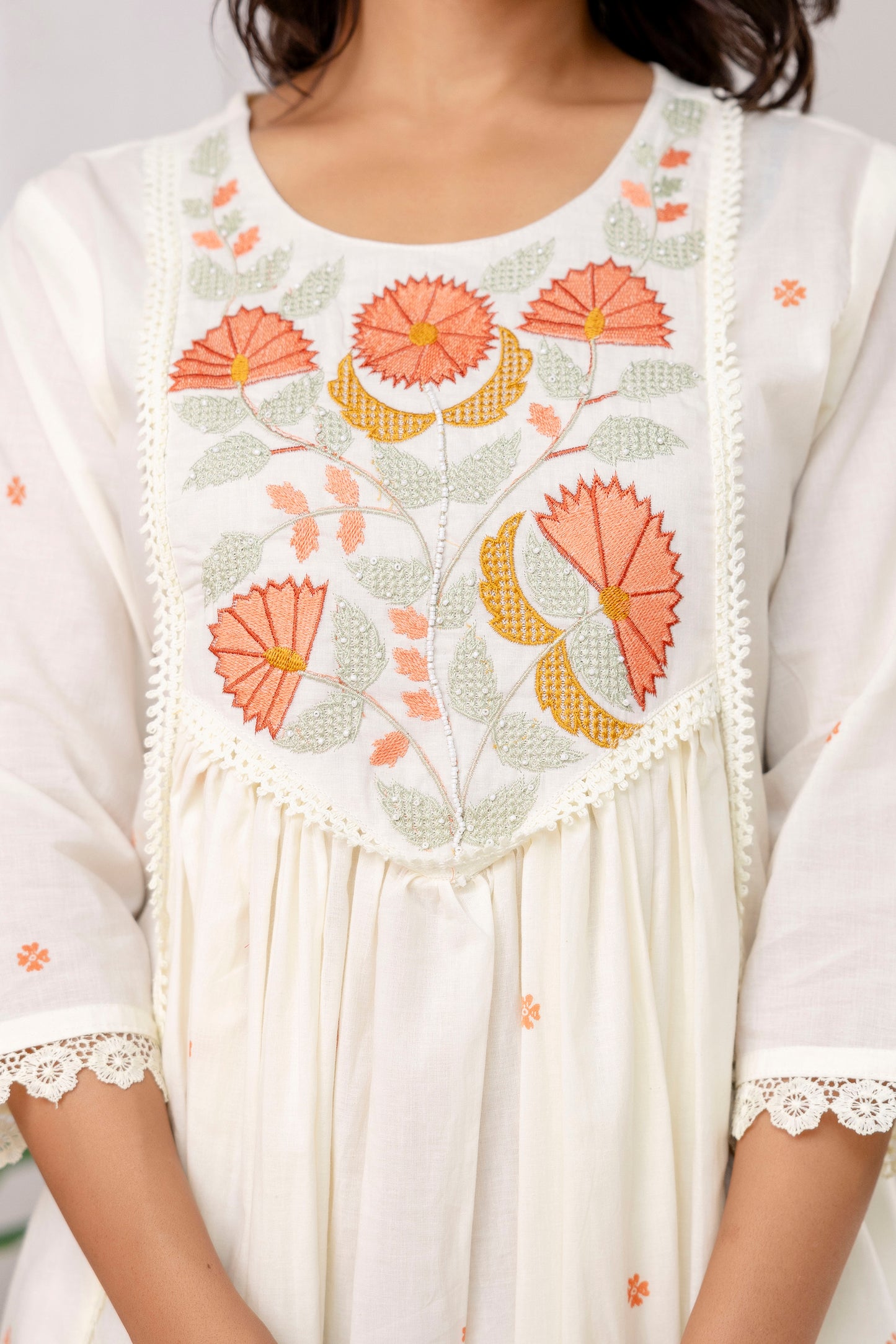 Poshart White Printed Cotton Kurta Pant duptta Set