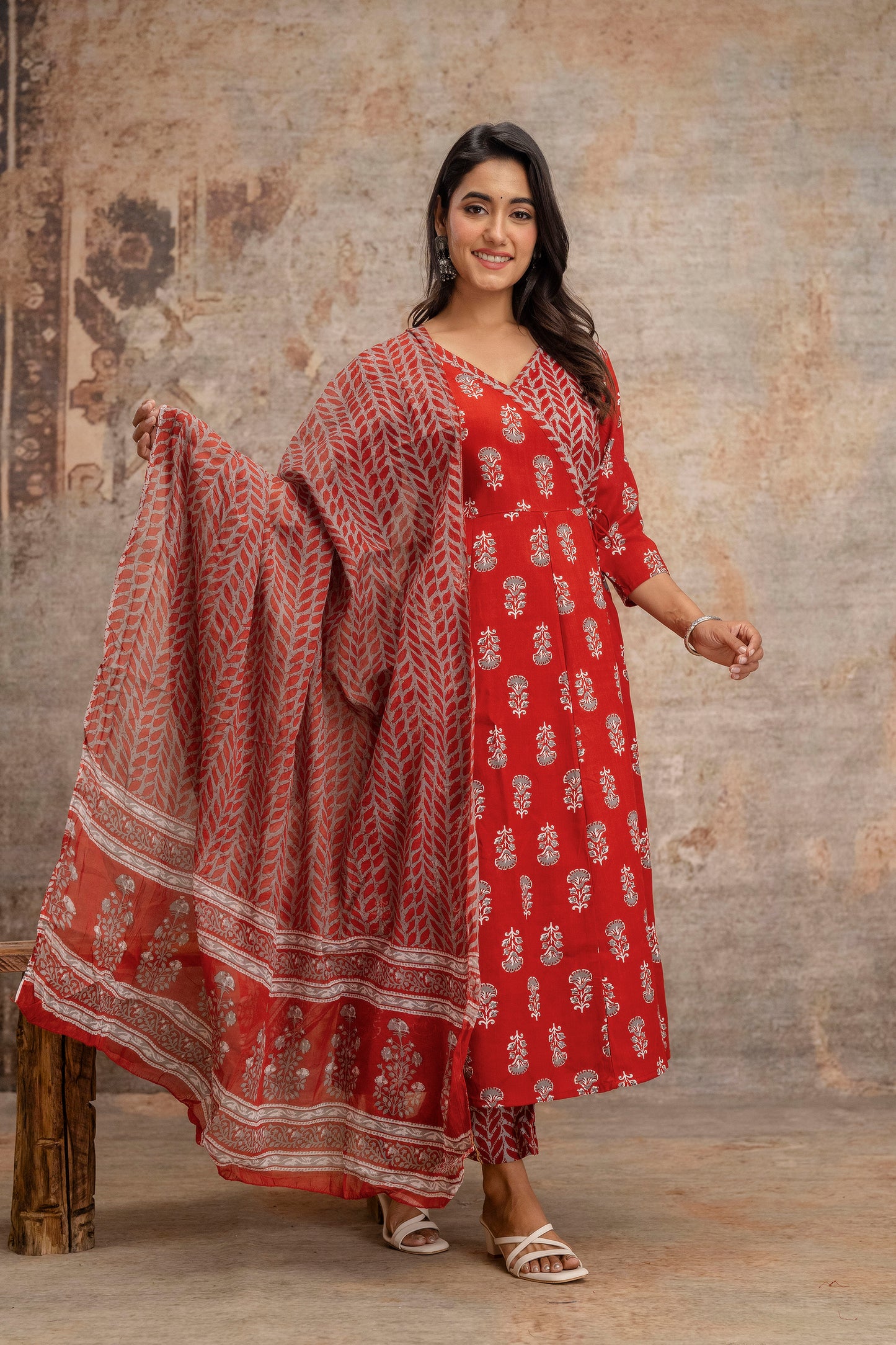 PoshArt Printed Reyon Kurta Pant Duptta Set.