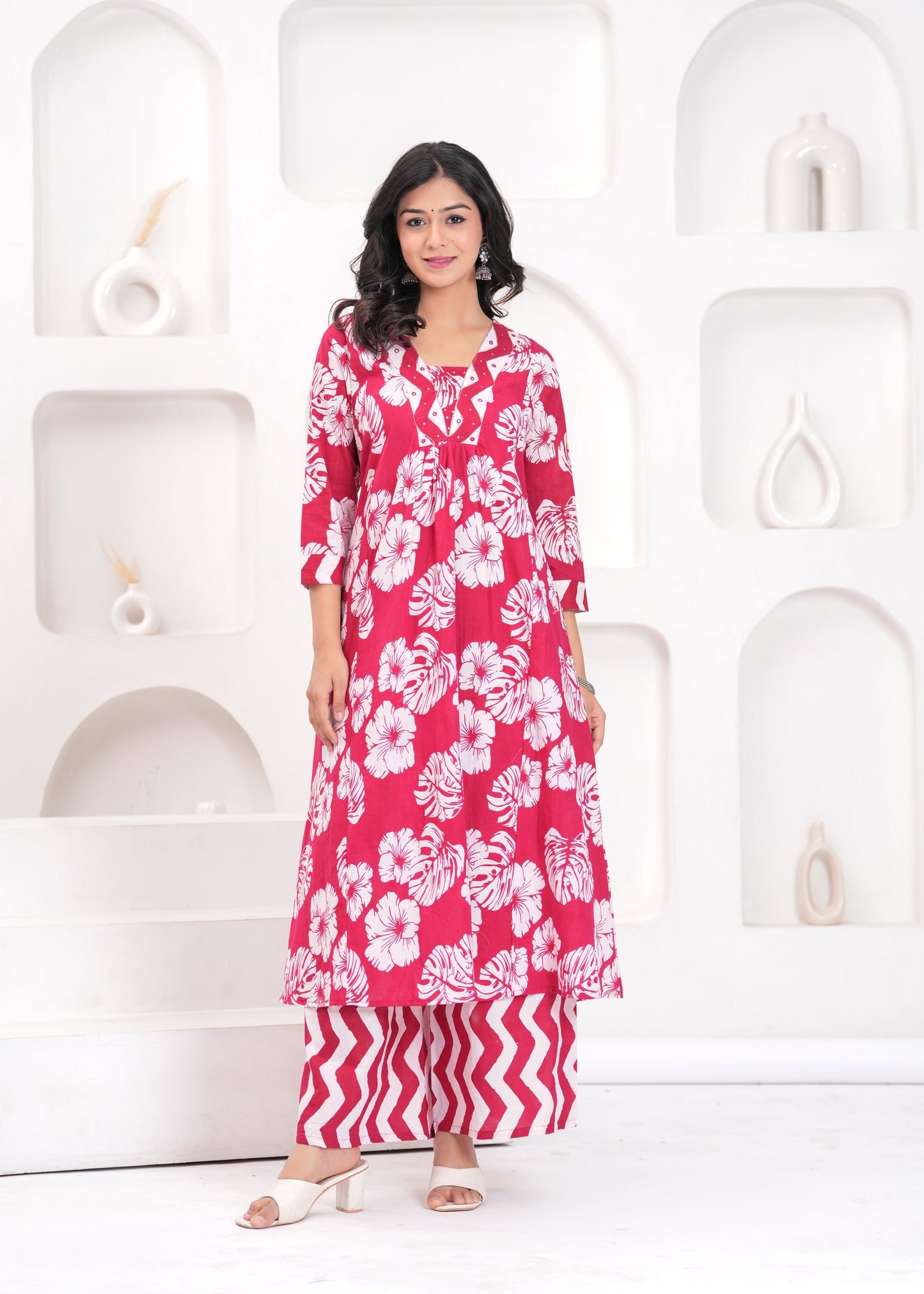 PoshArt Printed Cotton Kurta Pant Duptta Set.