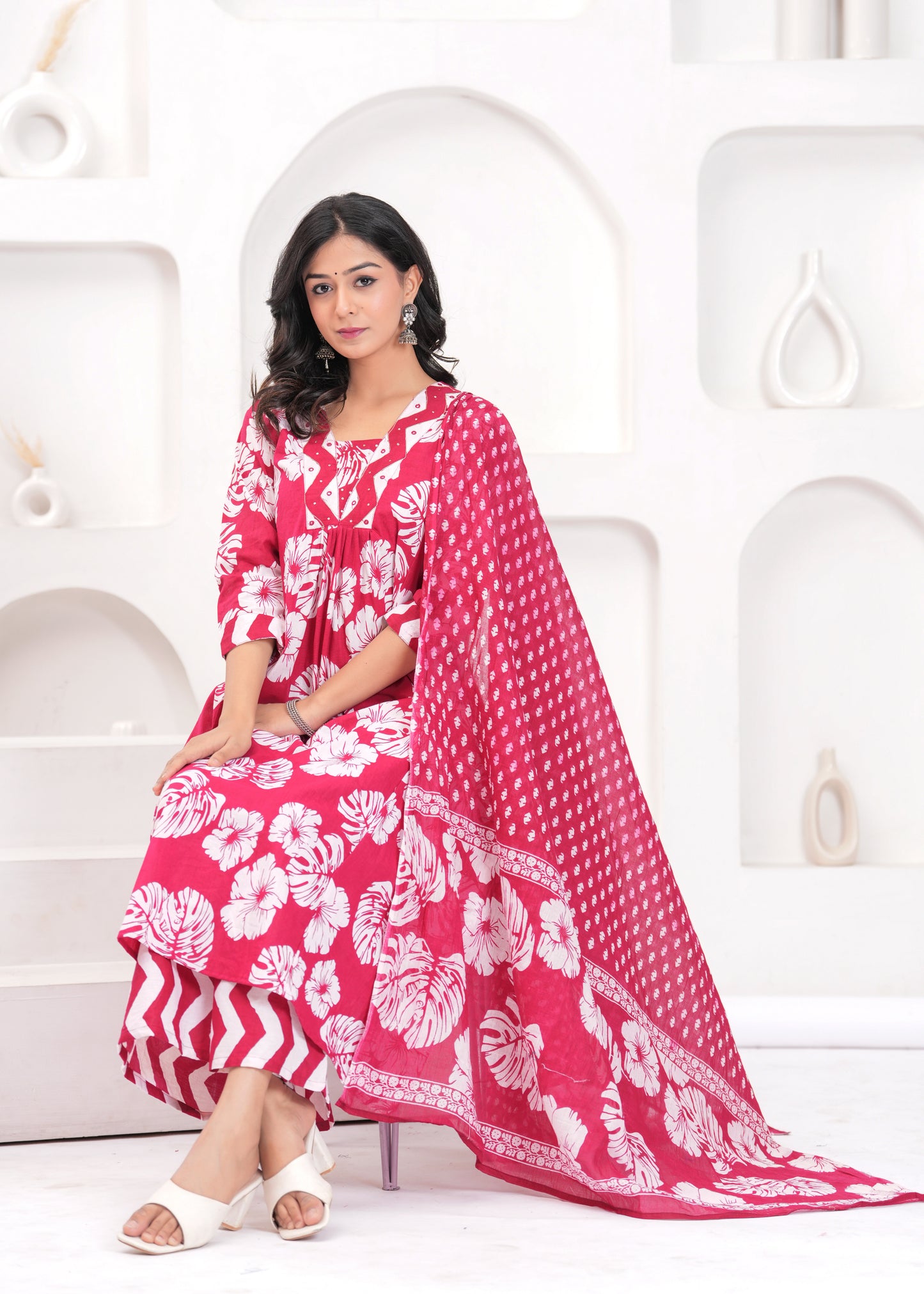 PoshArt Printed Cotton Kurta Pant Duptta Set.