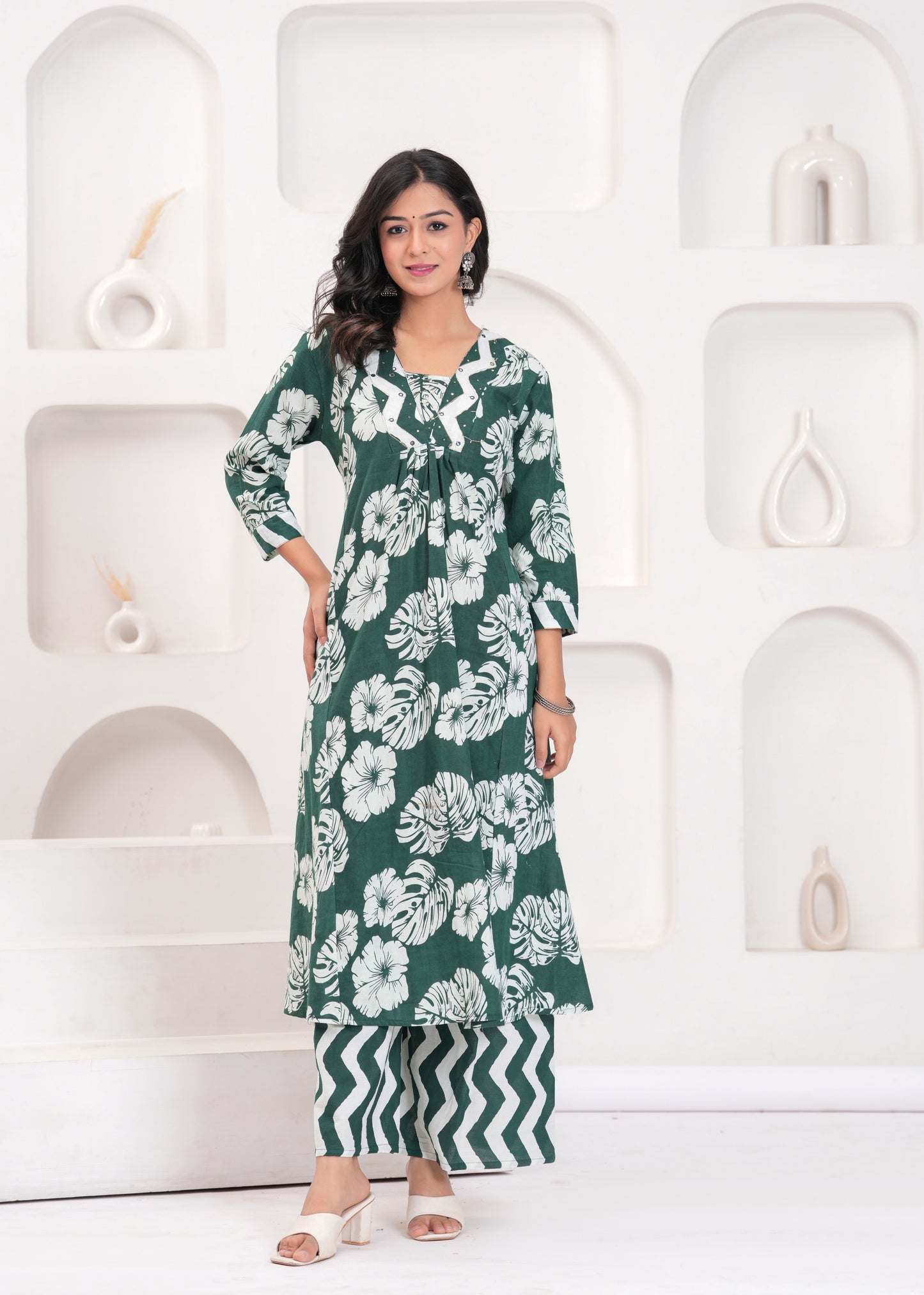 PoshArt Printed Cotton Kurta Pant Duptta set.