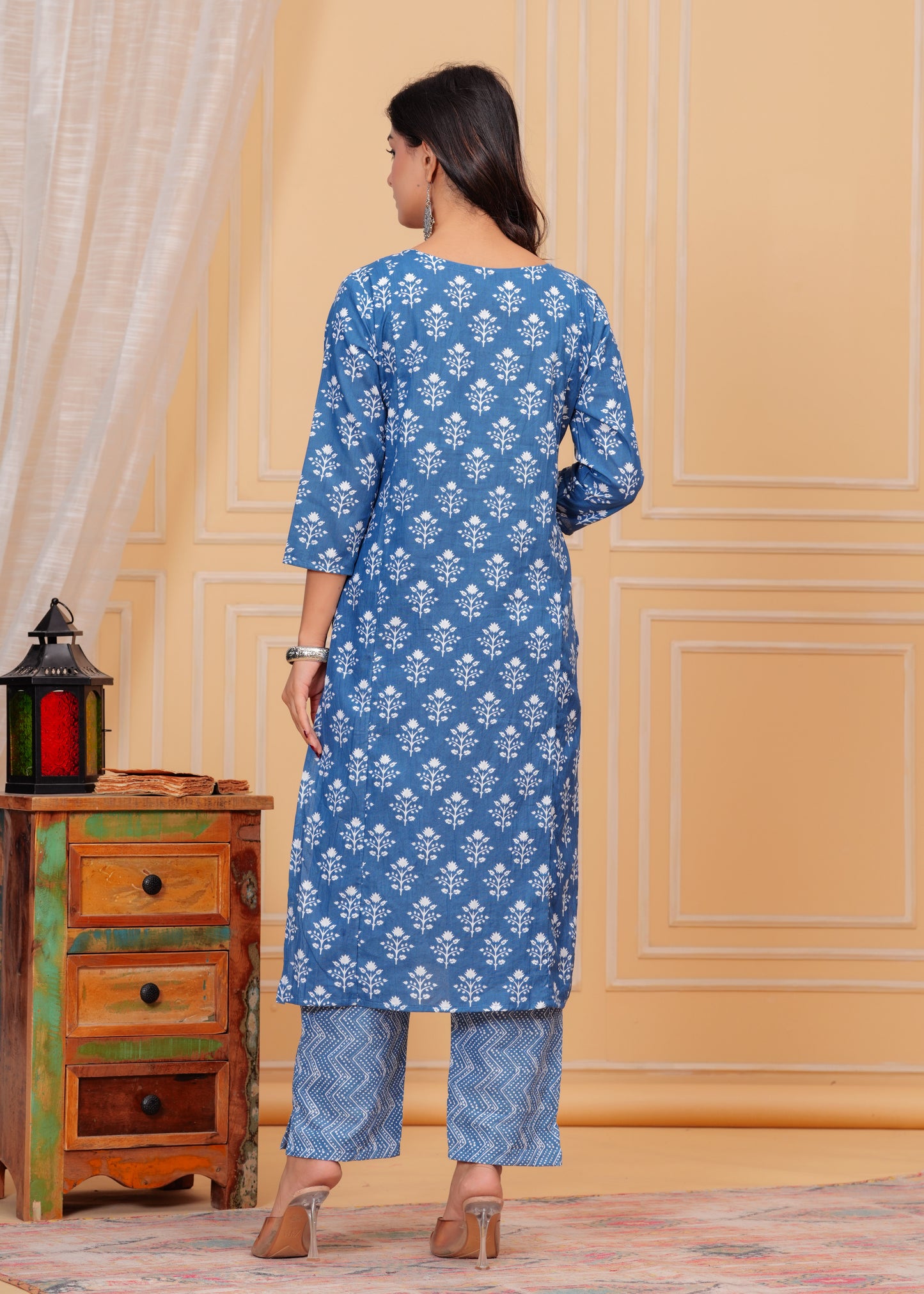 Poshart Cotton Blue Kurti Pant Duptta Set