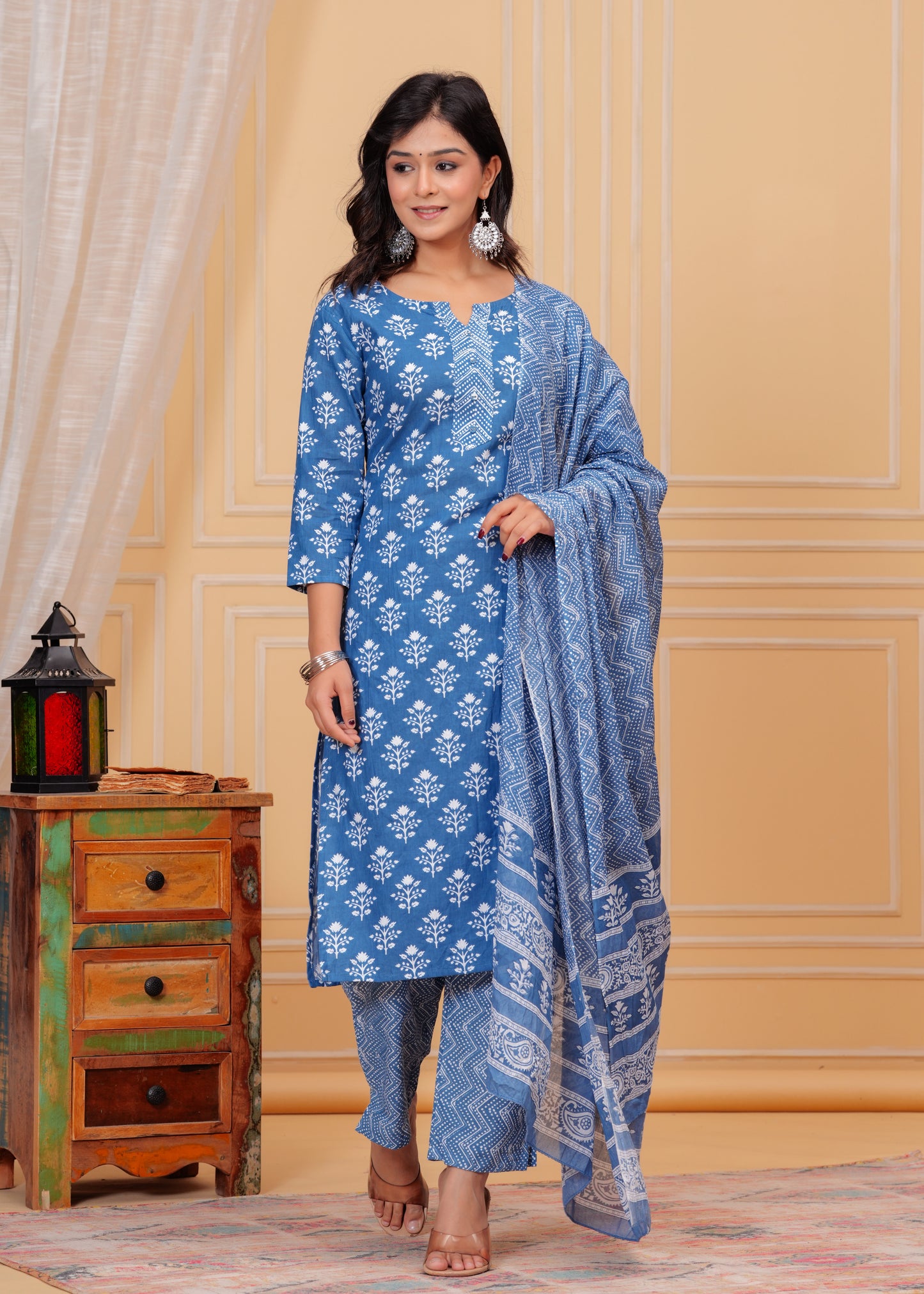 Poshart Cotton Blue Kurti Pant Duptta Set