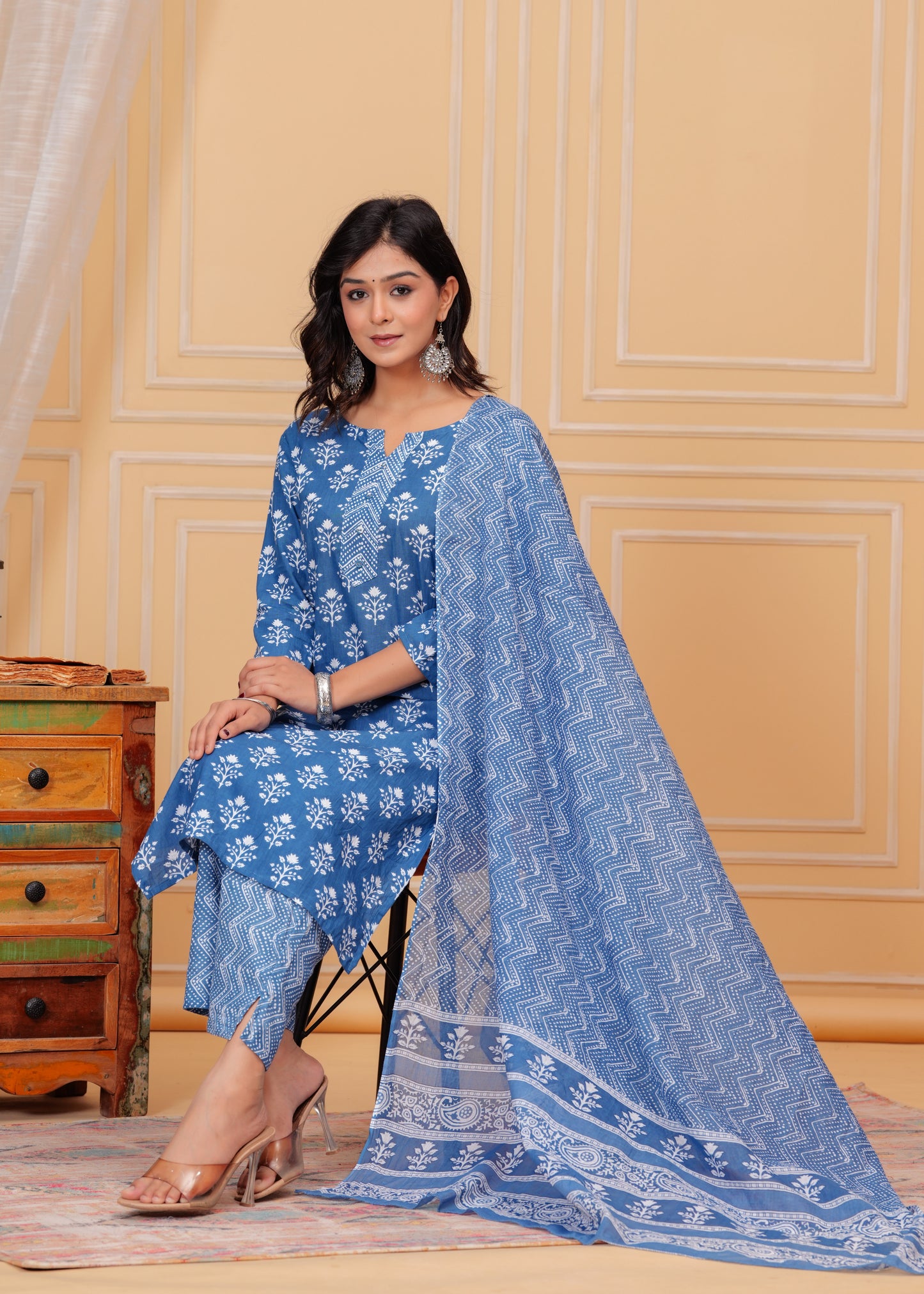 Poshart Cotton Blue Kurti Pant Duptta Set