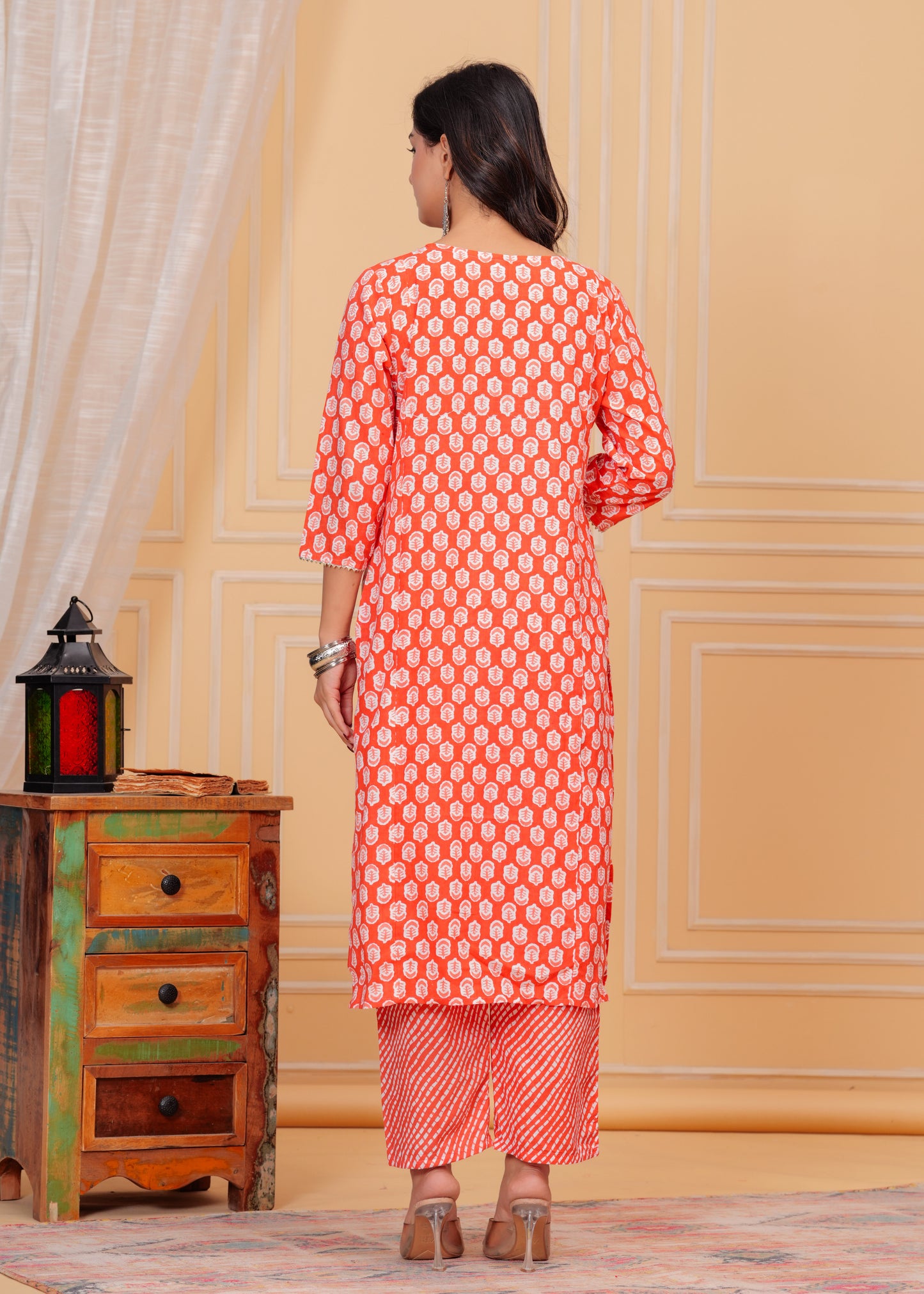 PoshArt Cotton Red Kurti Pant Dupatta Set