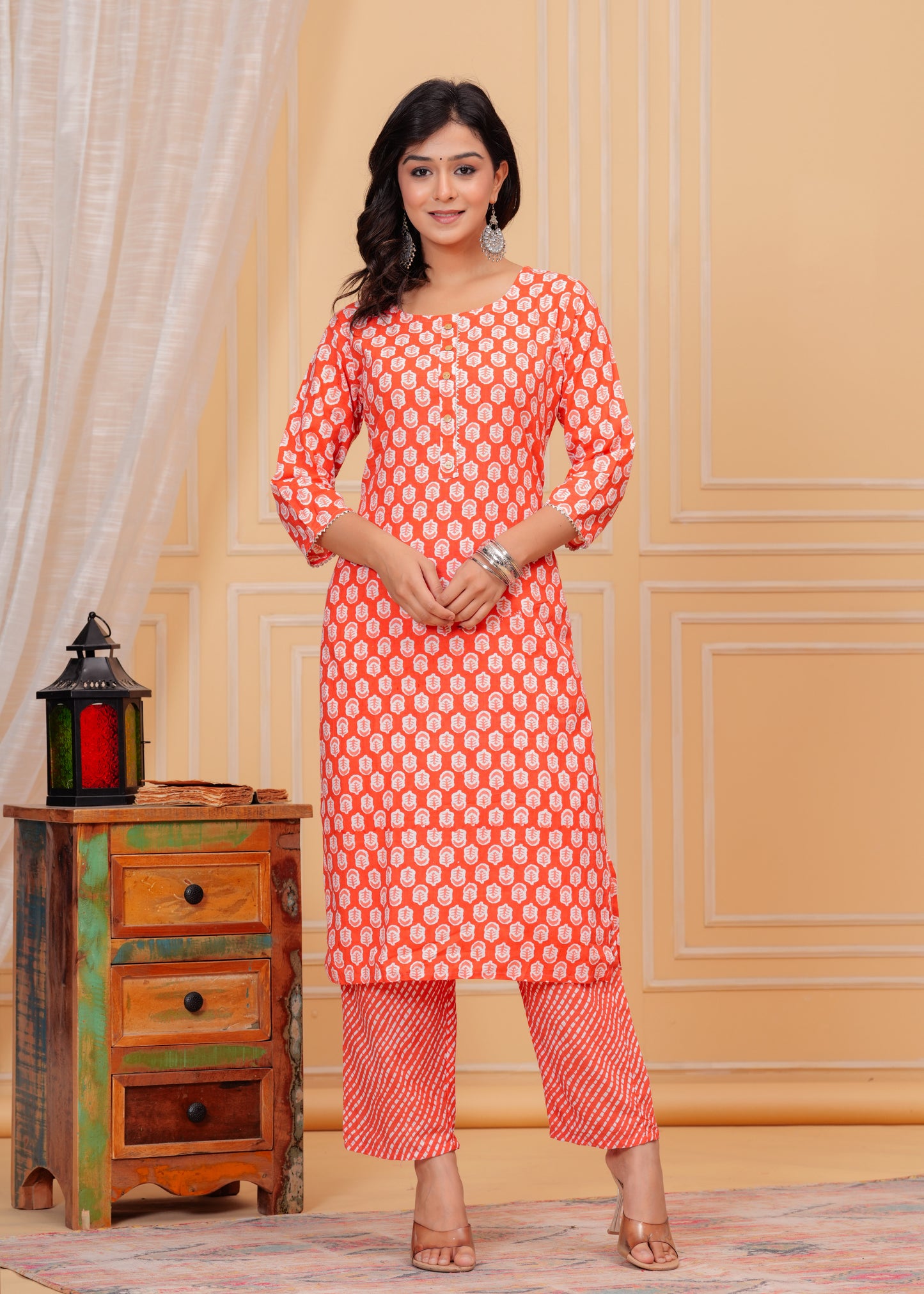 PoshArt Cotton Red Kurti Pant Dupatta Set