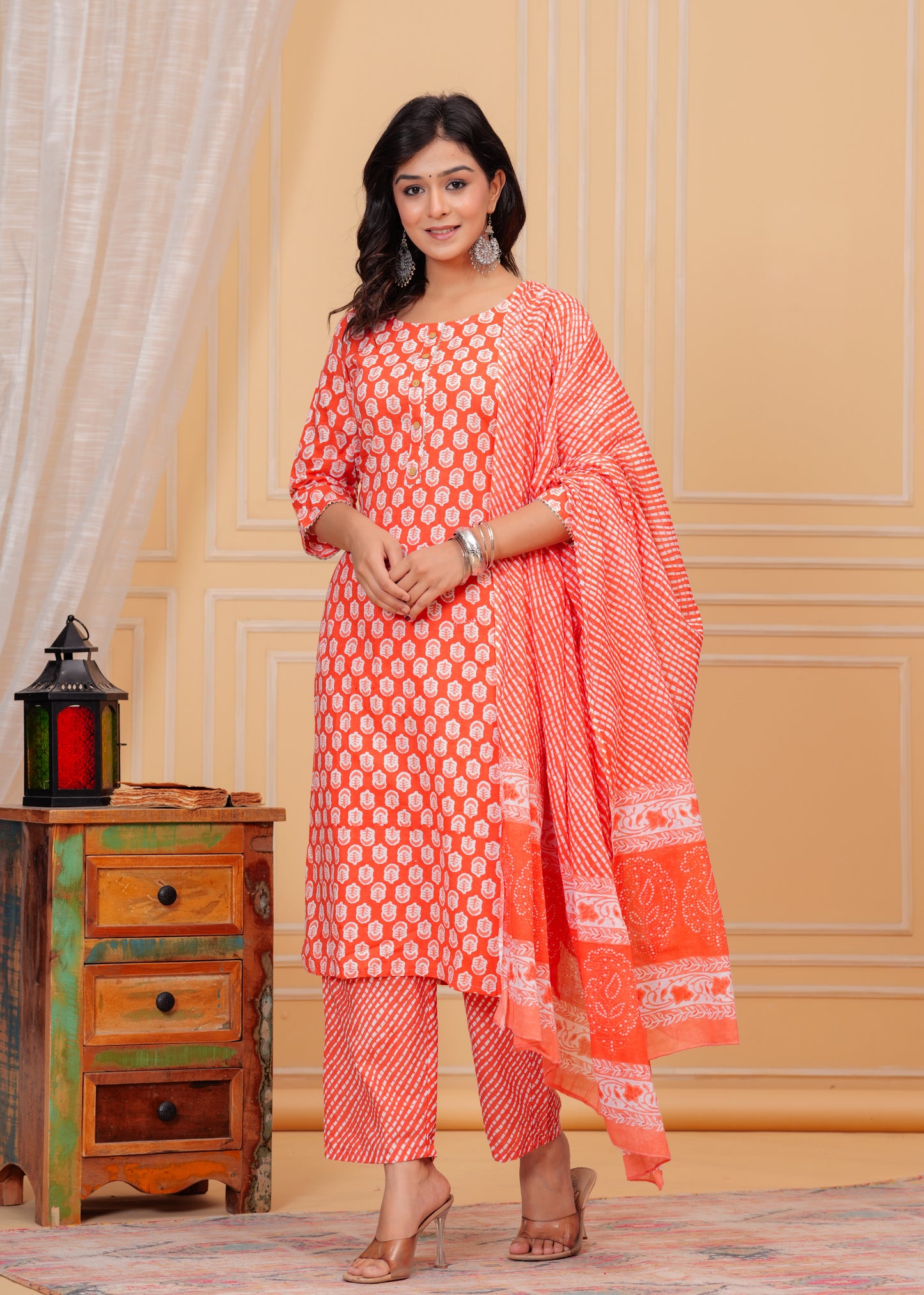 PoshArt Cotton Red Kurti Pant Dupatta Set