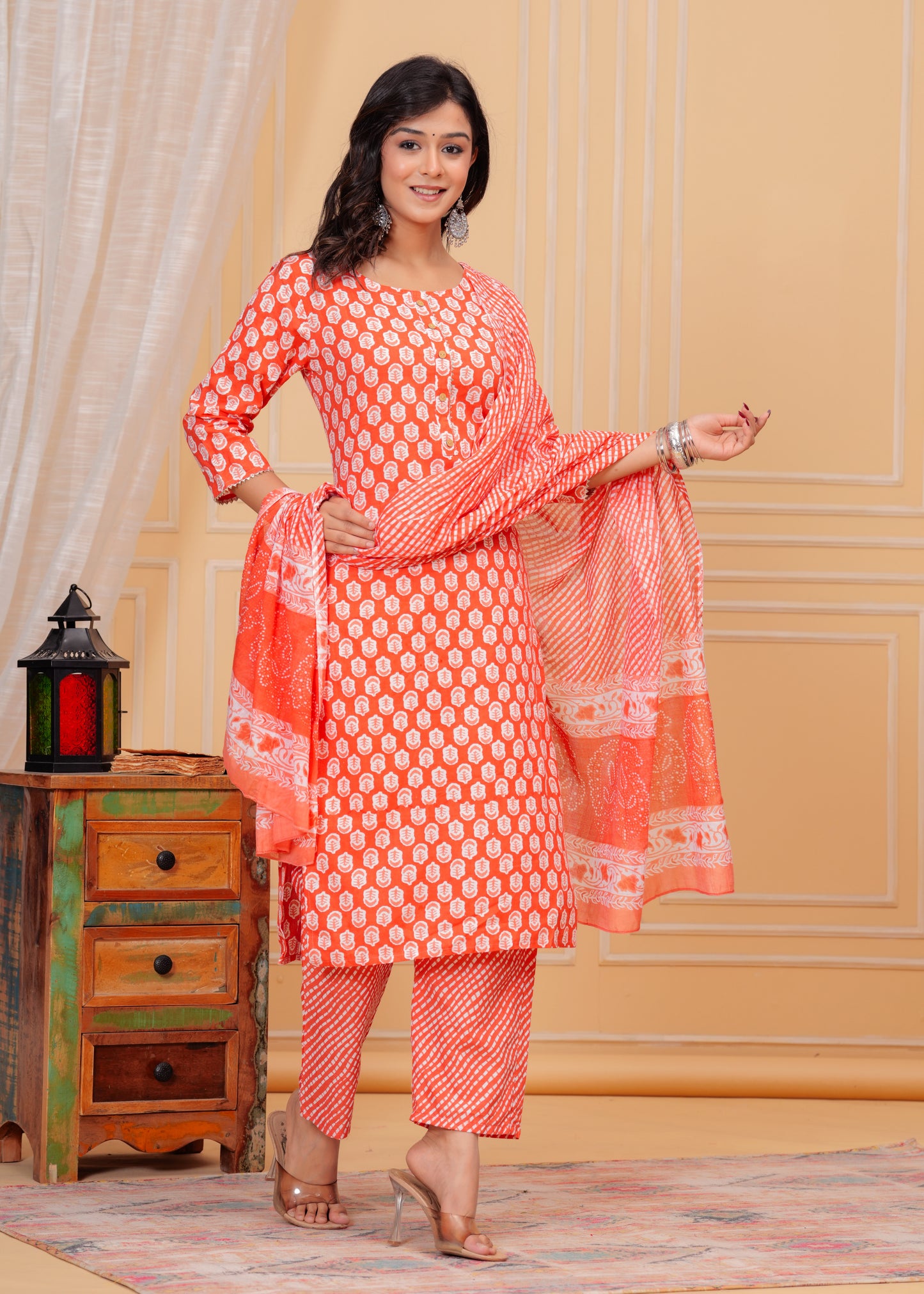 PoshArt Cotton Red Kurti Pant Dupatta Set