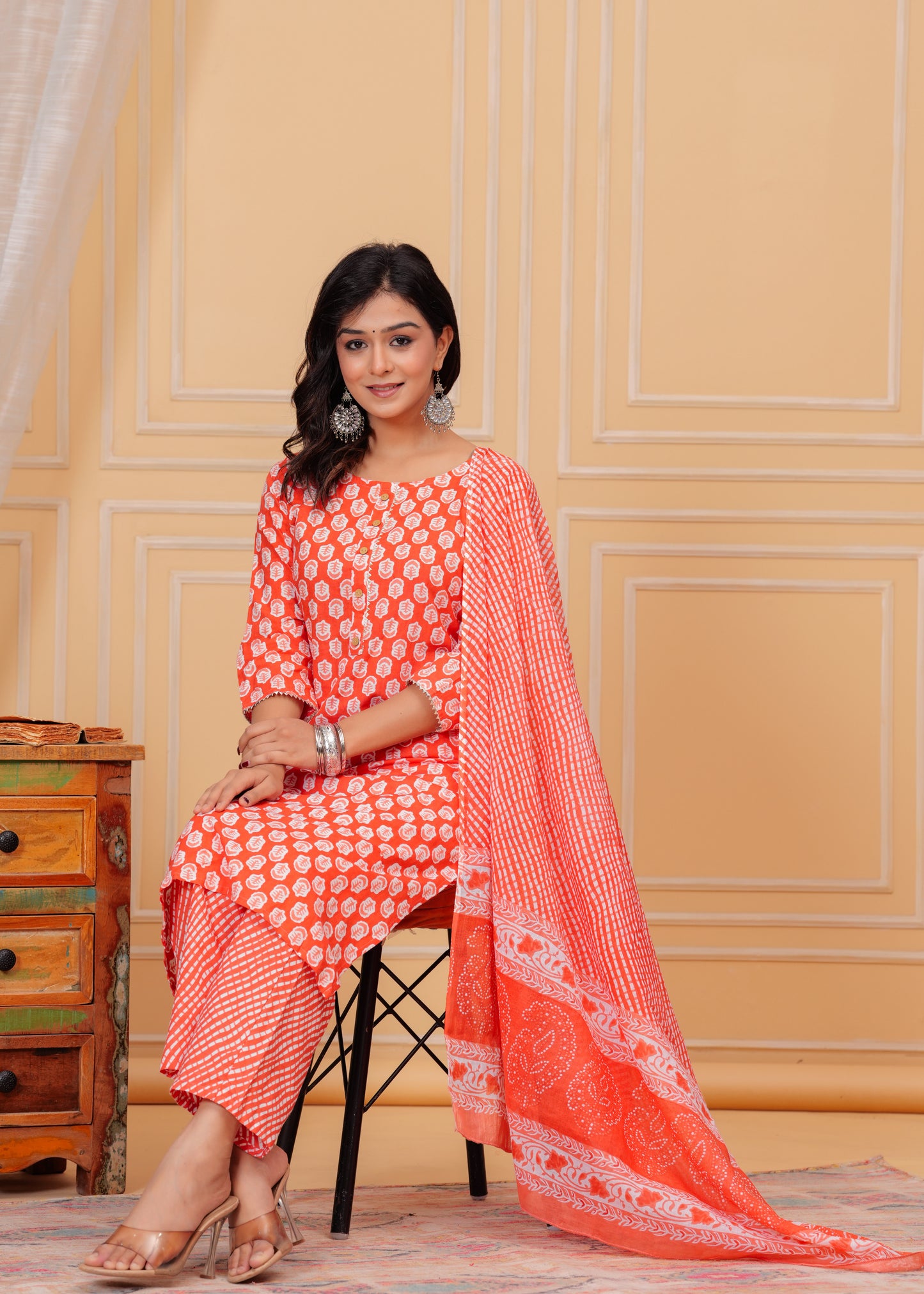 PoshArt Cotton Red Kurti Pant Dupatta Set