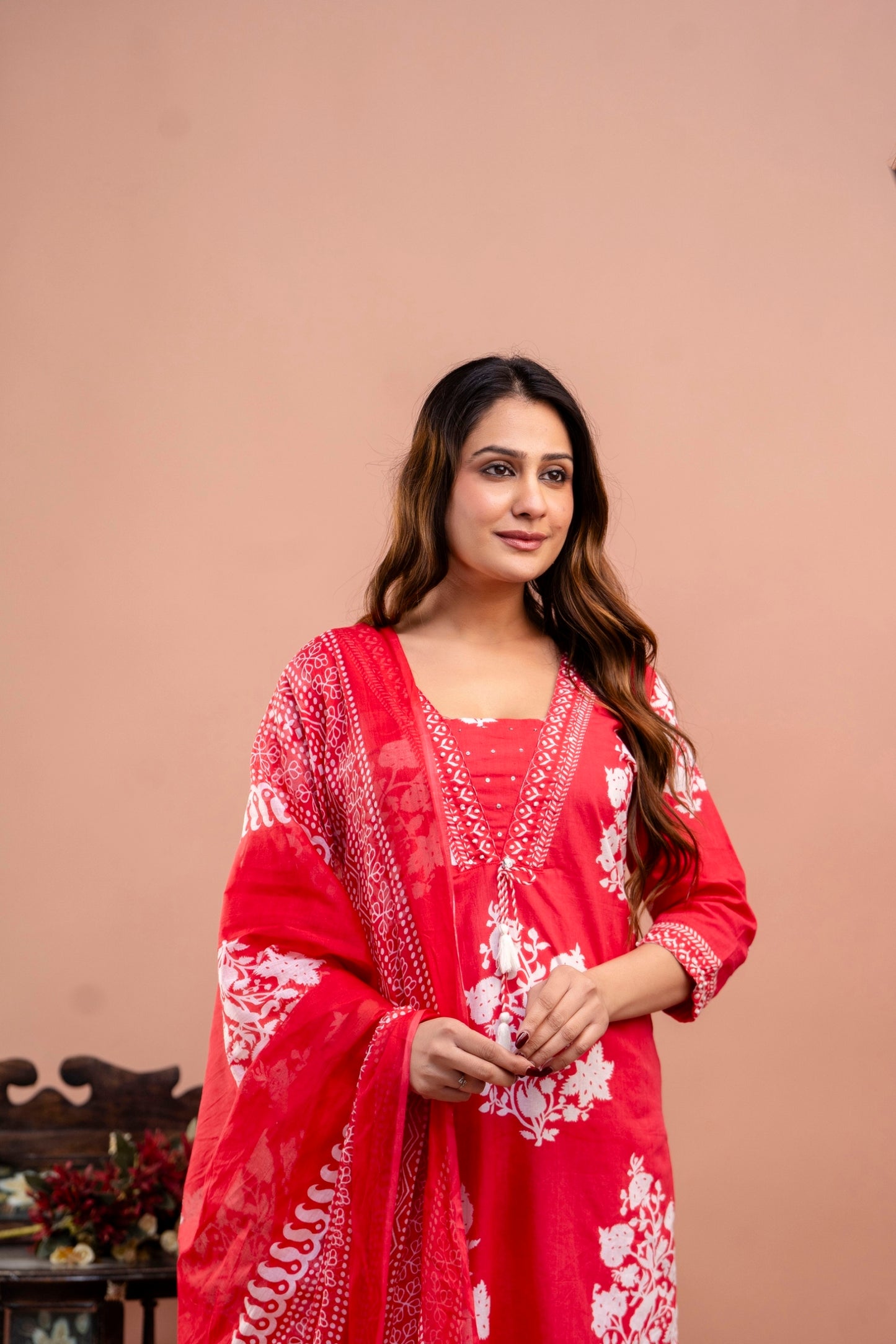 PoshArt Red Floral Straight Kurta Set With Duptta