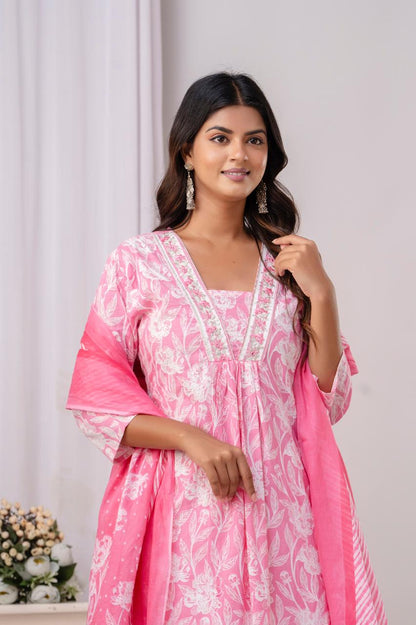 PoshArt Pink Floral A-Line Kurta Set With Dupatta