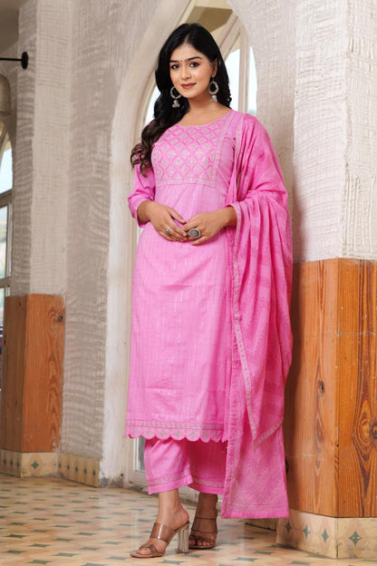 PoshArt Pink Lurex Kurti Pant With Duptta Set