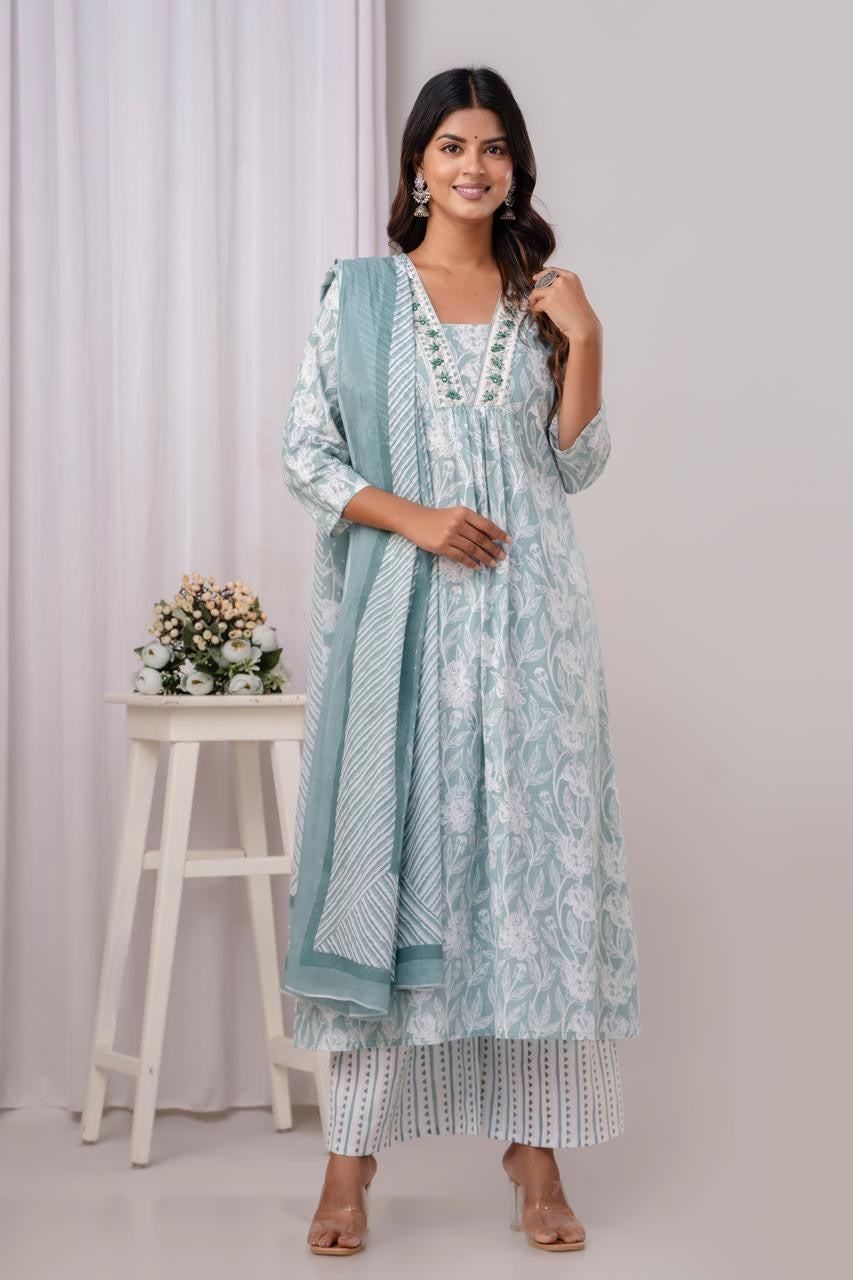 PoshArt Green Floral A-Line Kurta Set With Dupatta