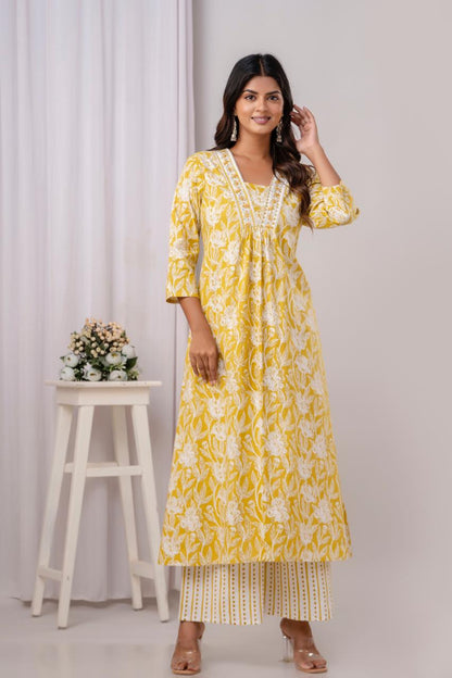 PoshArt Yellow Floral A-Line Kurta Set With Dupatta