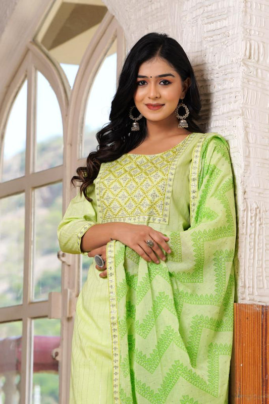 PoshArt Green Lurex Kurti Pant With Duptta Set