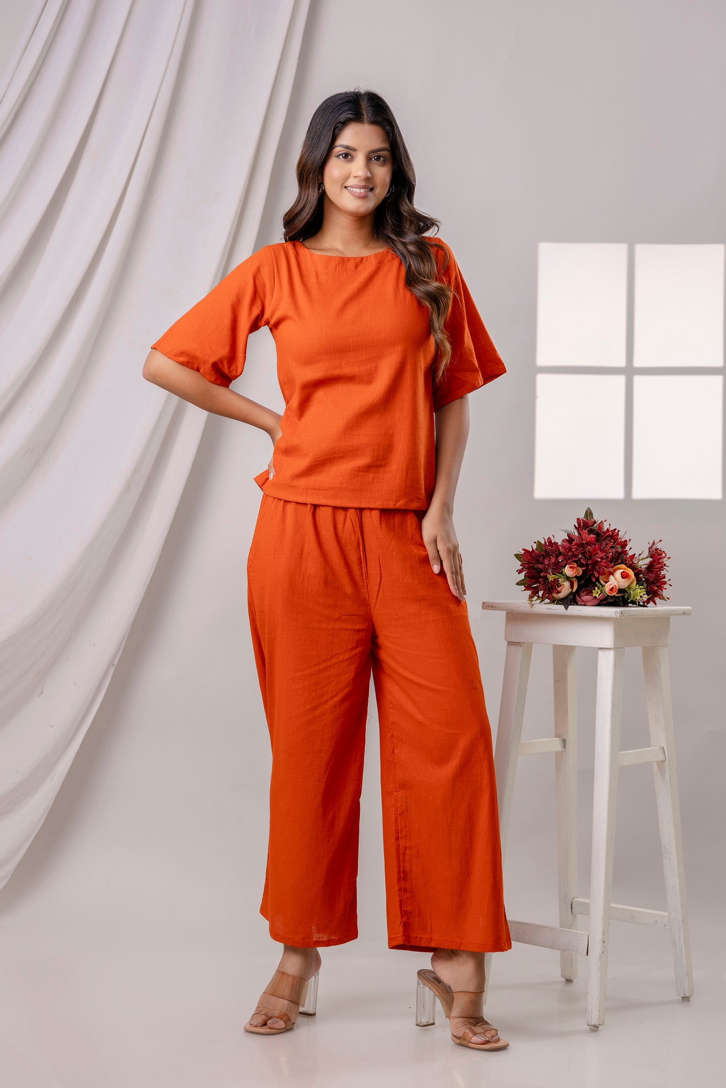 PoshArt Solid Dark Orange Co-ord set