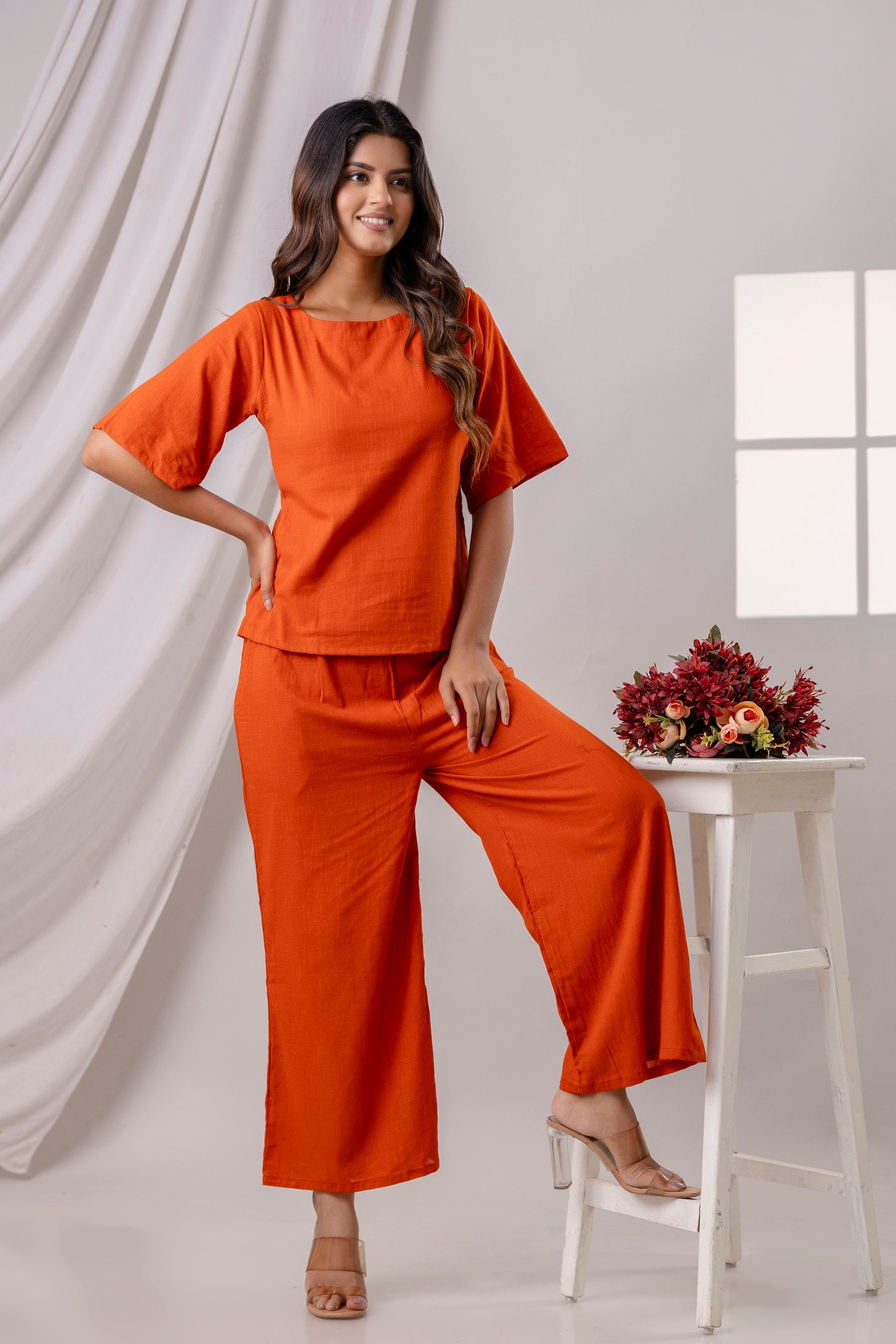 PoshArt Solid Dark Orange Co-ord set