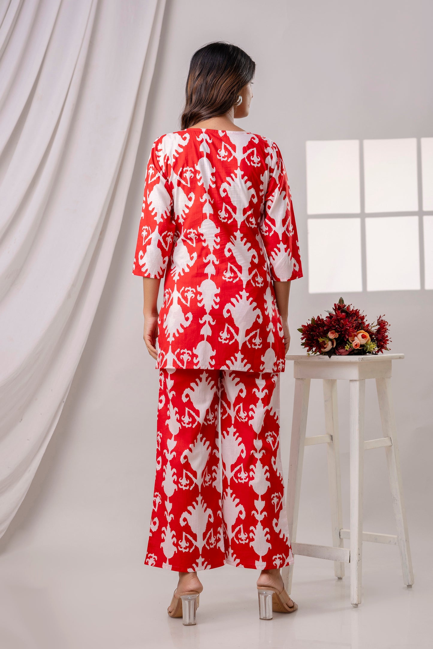 PoshArt Red Printed Cotton Co-ord set.