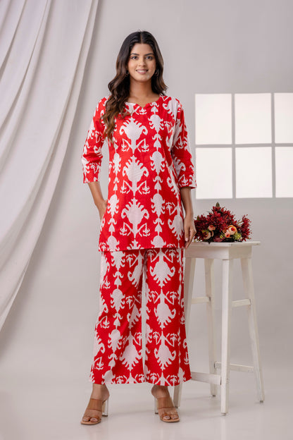 PoshArt Red Printed Cotton Co-ord set.