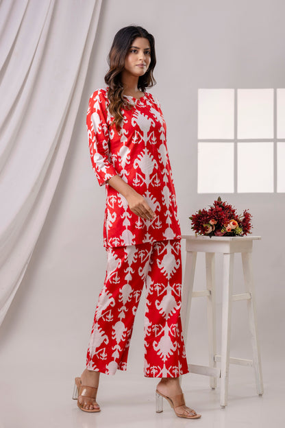 PoshArt Red Printed Cotton Co-ord set.