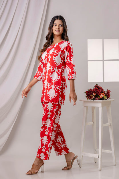 PoshArt Red Printed Cotton Co-ord set.