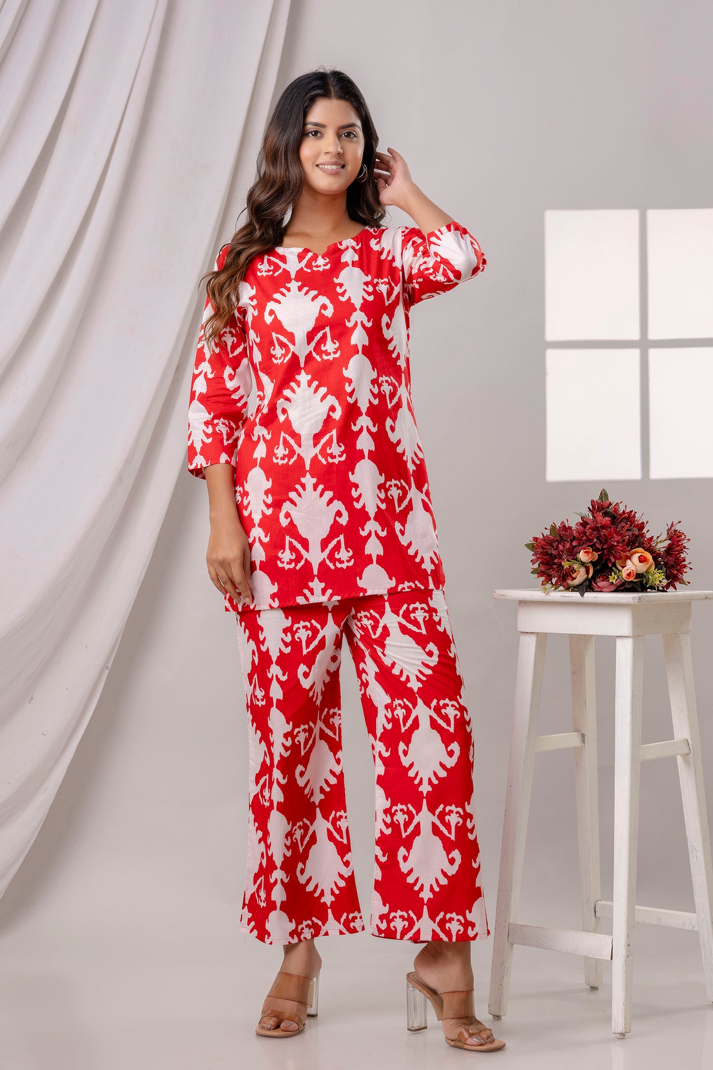 PoshArt Red Printed Cotton Co-ord set.