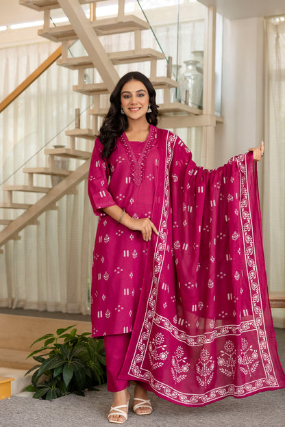 Poshart Cotton Kurta Pant Duptta Set.