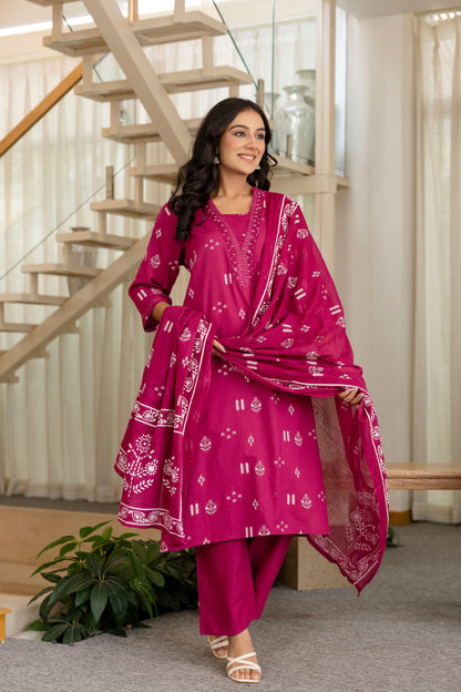 Poshart Cotton Kurta Pant Duptta Set.