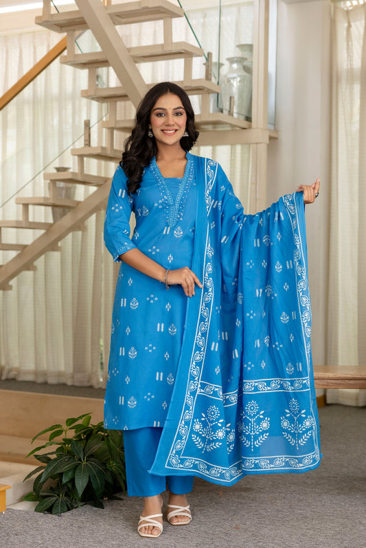 Poshart Cotton Kurta Pant Duptta Set.