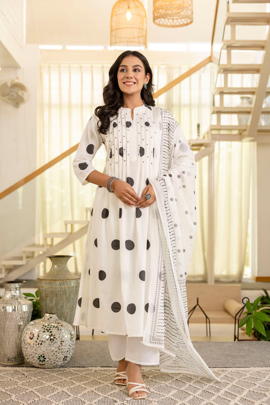 Poshart White Polka Kurta Pant Duptta Set.