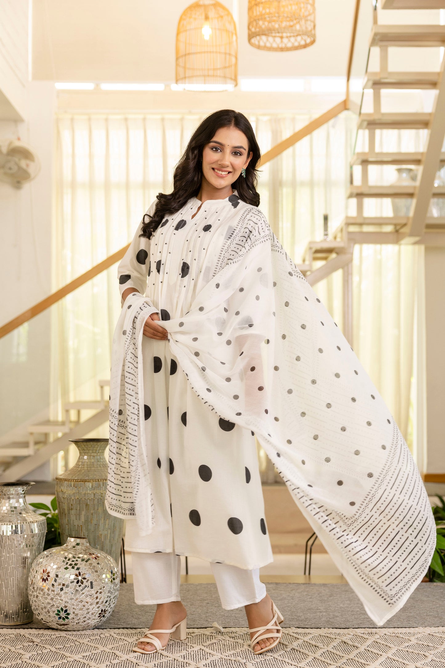 Poshart White Polka Kurta Pant Duptta Set.