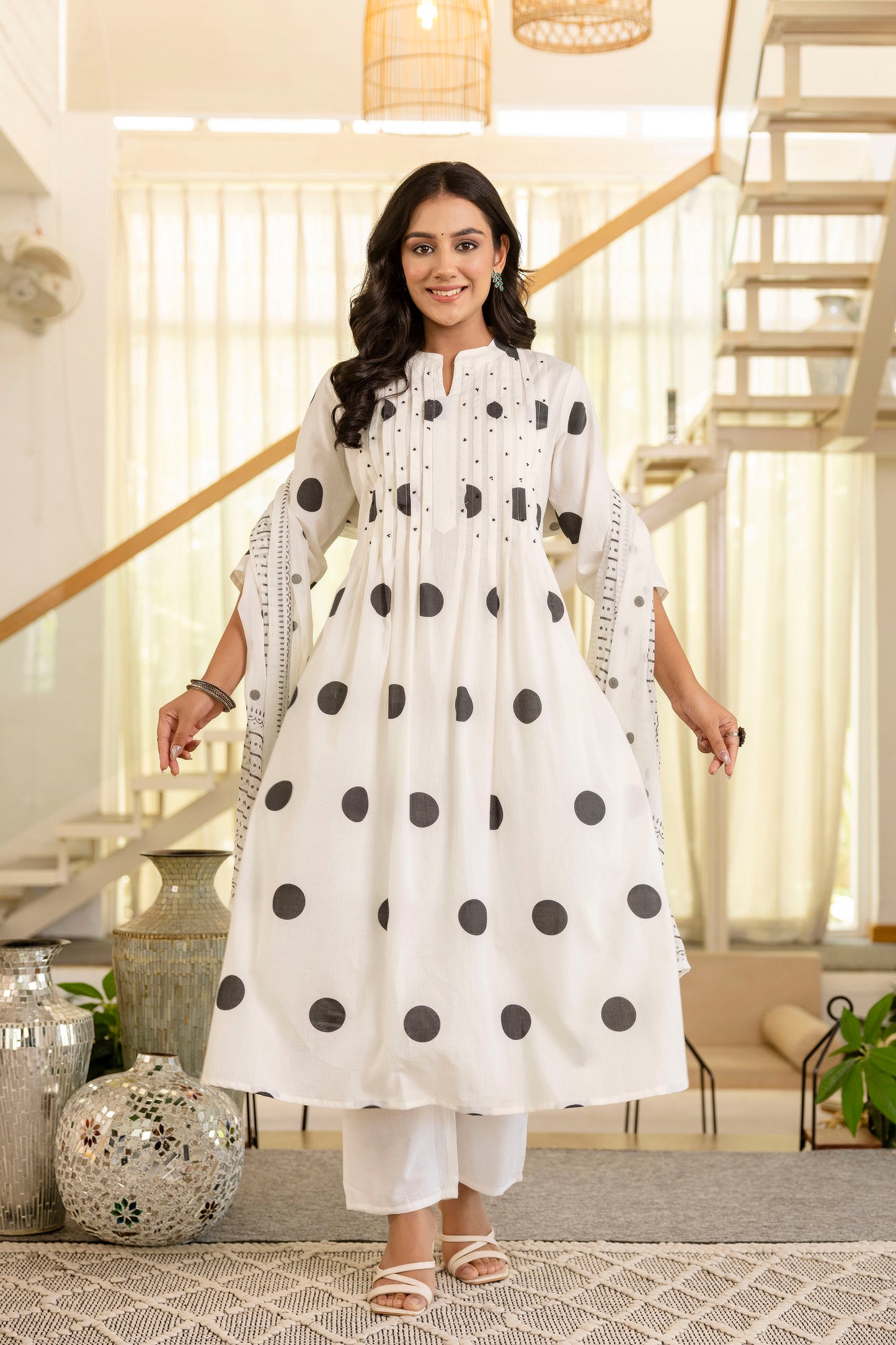 Poshart White Polka Kurta Pant Duptta Set.