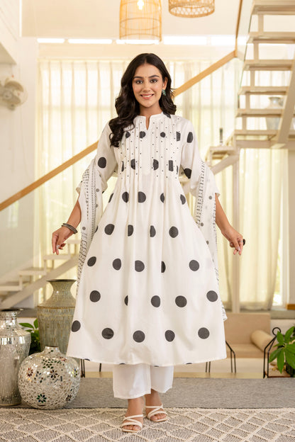 Poshart White Polka Kurta Pant Duptta Set.