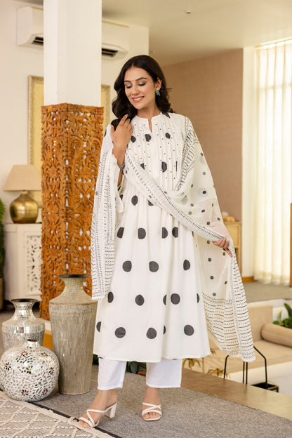 Poshart White Polka Kurta Pant Duptta Set.
